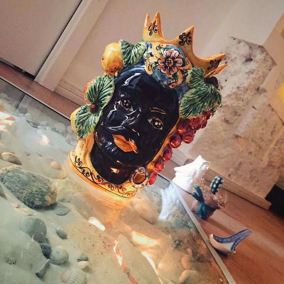 Teste di Moro Corona a Punte Ceramica Caltagirone cm H.28 L.20 Artigianale Decorazione Siciliana DD CERAMICHE SICILIANE