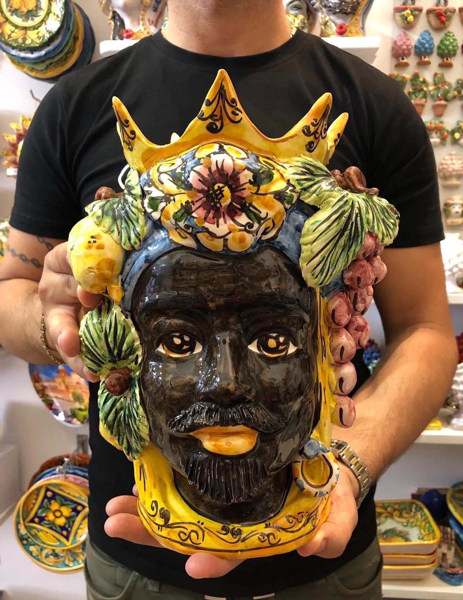 Teste di Moro Corona a Punte Ceramica Caltagirone cm H.28 L.20 Artigianale Decorazione Siciliana DD CERAMICHE SICILIANE