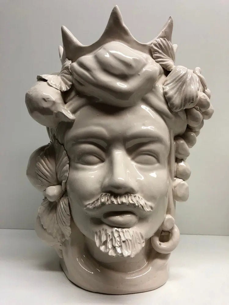 Teste di Moro Corona a Punte Ceramica Caltagirone cm H.28 L.20 Artigianale Bianco DD CERAMICHE SICILIANE