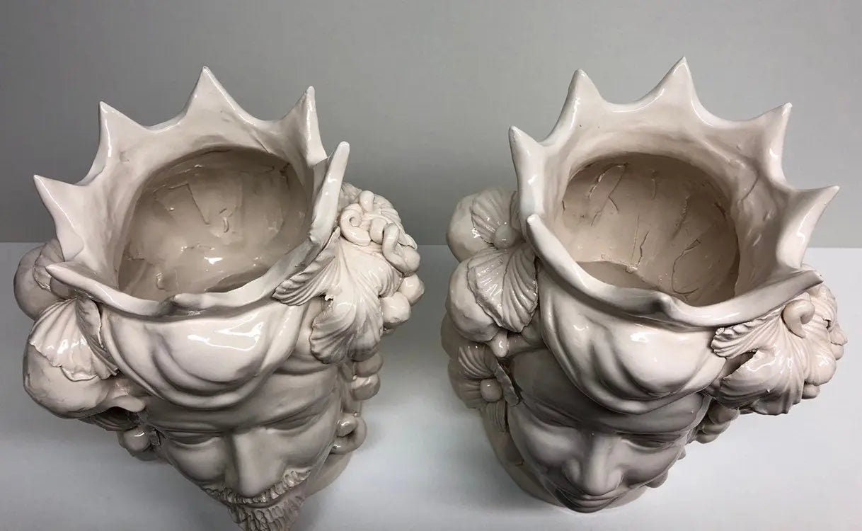 Teste di Moro Corona a Punte Ceramica Caltagirone cm H.28 L.20 Artigianale Bianco DD CERAMICHE SICILIANE
