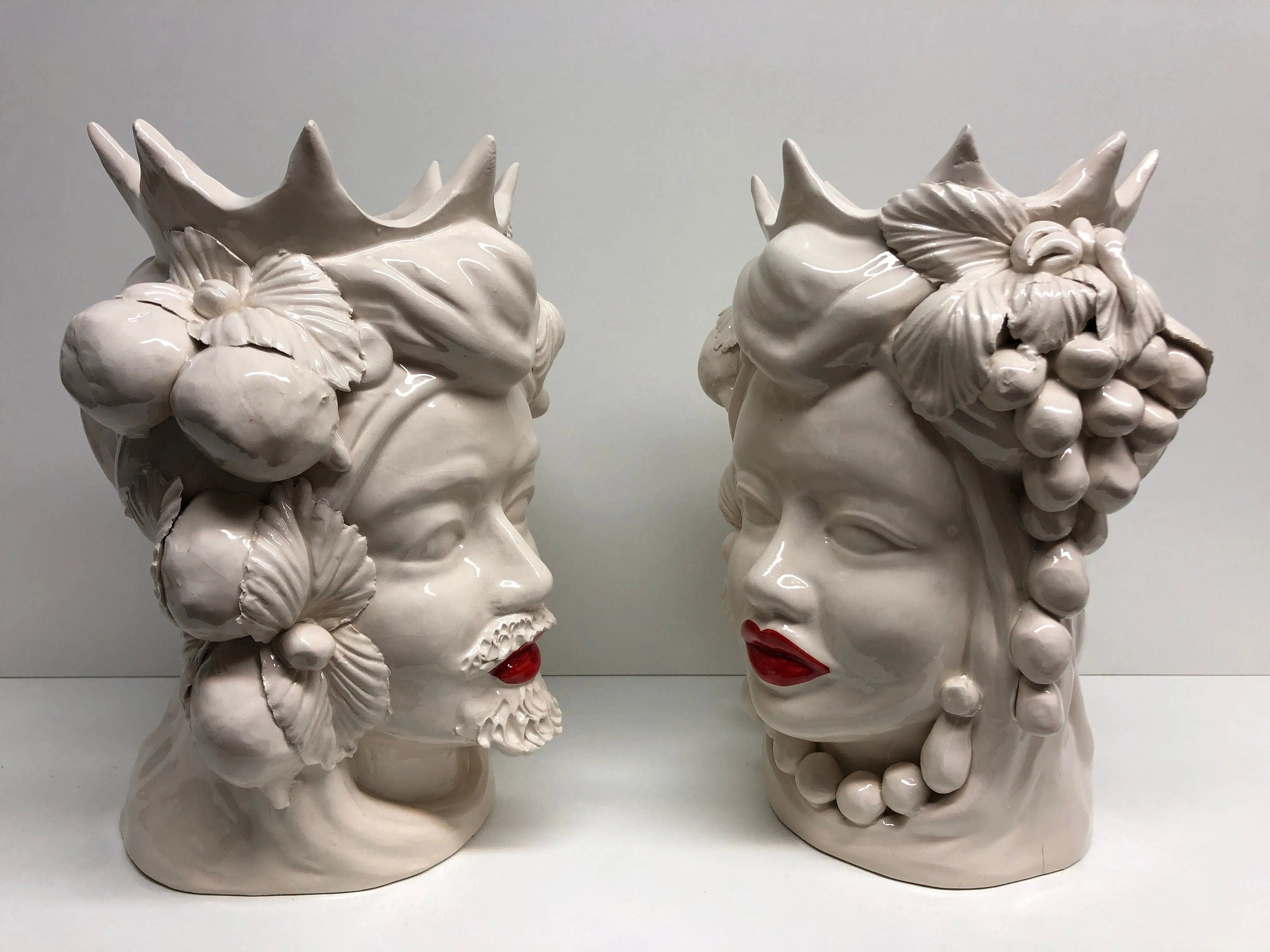 Teste di Moro Corona a Punte Ceramica Caltagirone cm H.28 L.20 Artigianale Bianco Labbra Rosso DD CERAMICHE SICILIANE