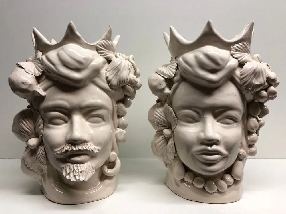 Teste di Moro Corona a Punte Ceramica Caltagirone cm H.28 L.20 Artigianale Bianco DD CERAMICHE SICILIANE