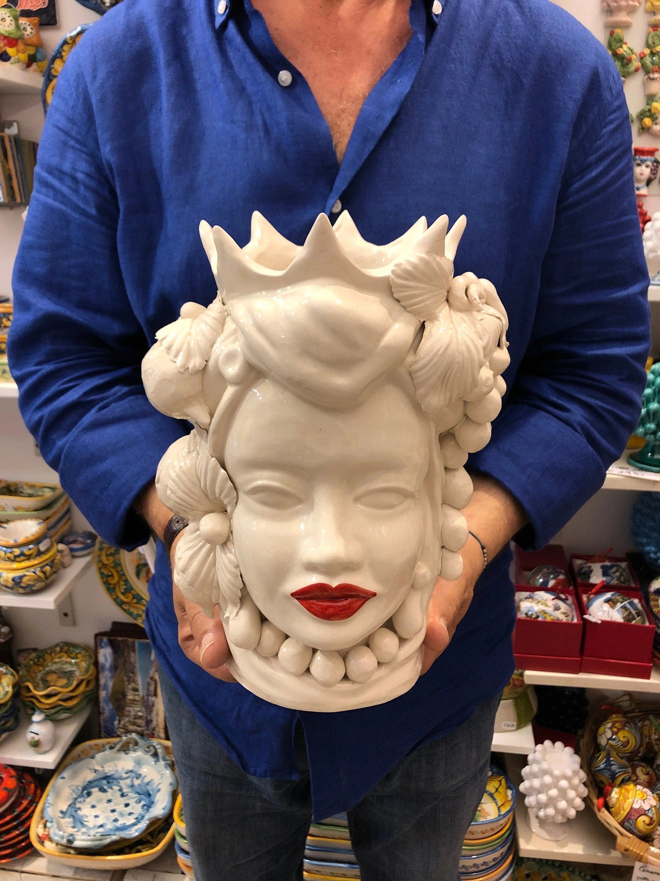 Teste di Moro Corona a Punte Ceramica Caltagirone cm H.28 L.20 Artigianale Bianco Labbra Rosso DD CERAMICHE SICILIANE
