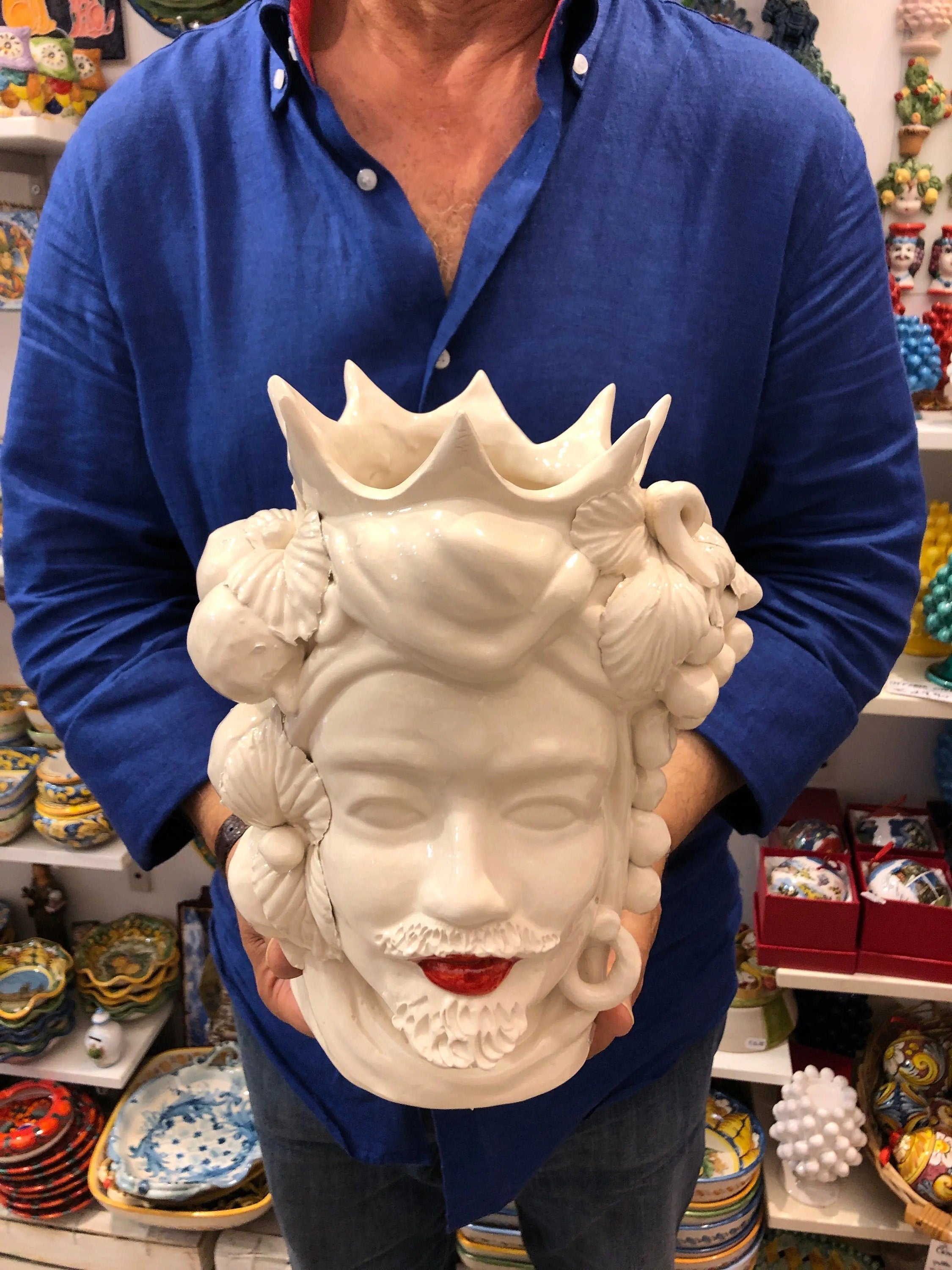 Teste di Moro Corona a Punte Ceramica Caltagirone cm H.28 L.20 Artigianale Bianco Labbra Rosso DD CERAMICHE SICILIANE