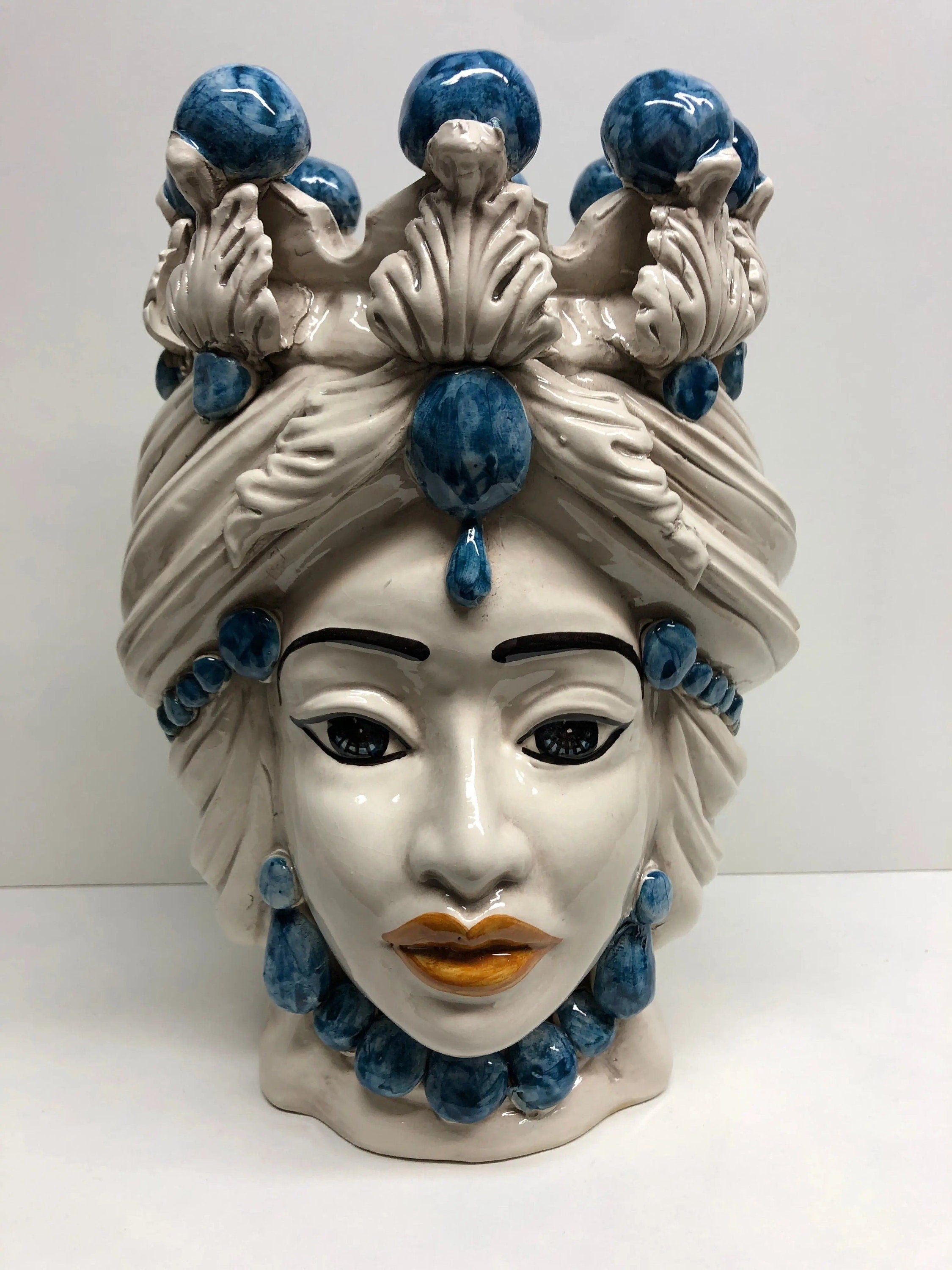 Teste di Moro Corona Ceramica Caltagirone cm H.30 L.20 Artigianale Sfere Blu DD CERAMICHE SICILIANE