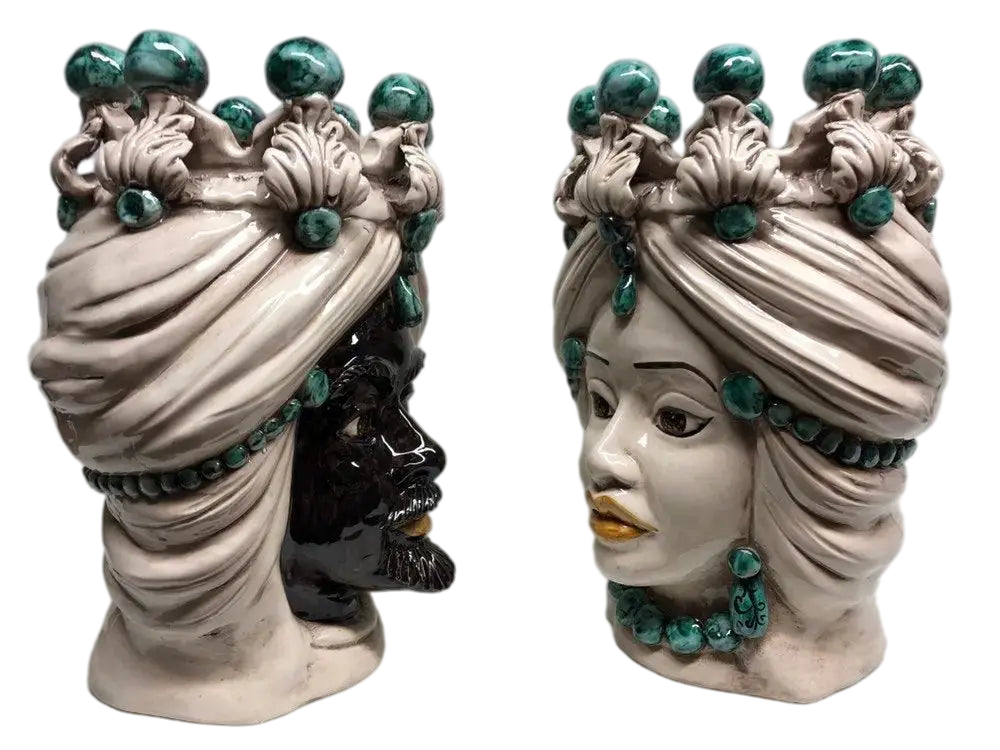 Teste di Moro Corona Ceramica Caltagirone cm H.30 L.20 Artigianale Sfere Verde - DD CERAMICHE SICILIANE