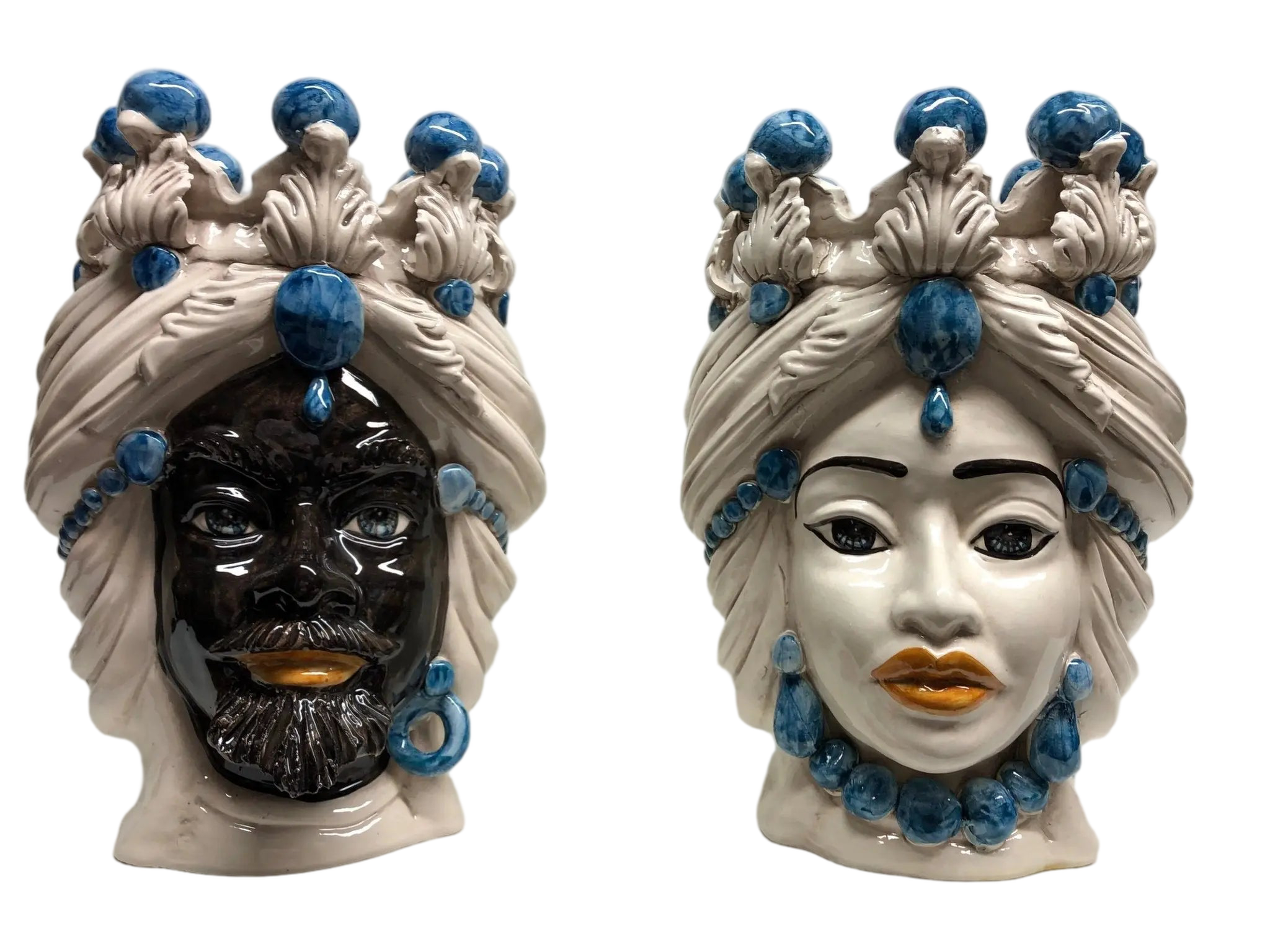 Teste di Moro Corona Ceramica Caltagirone cm H.30 L.20 Artigianale Sfere Blu - DD CERAMICHE SICILIANE