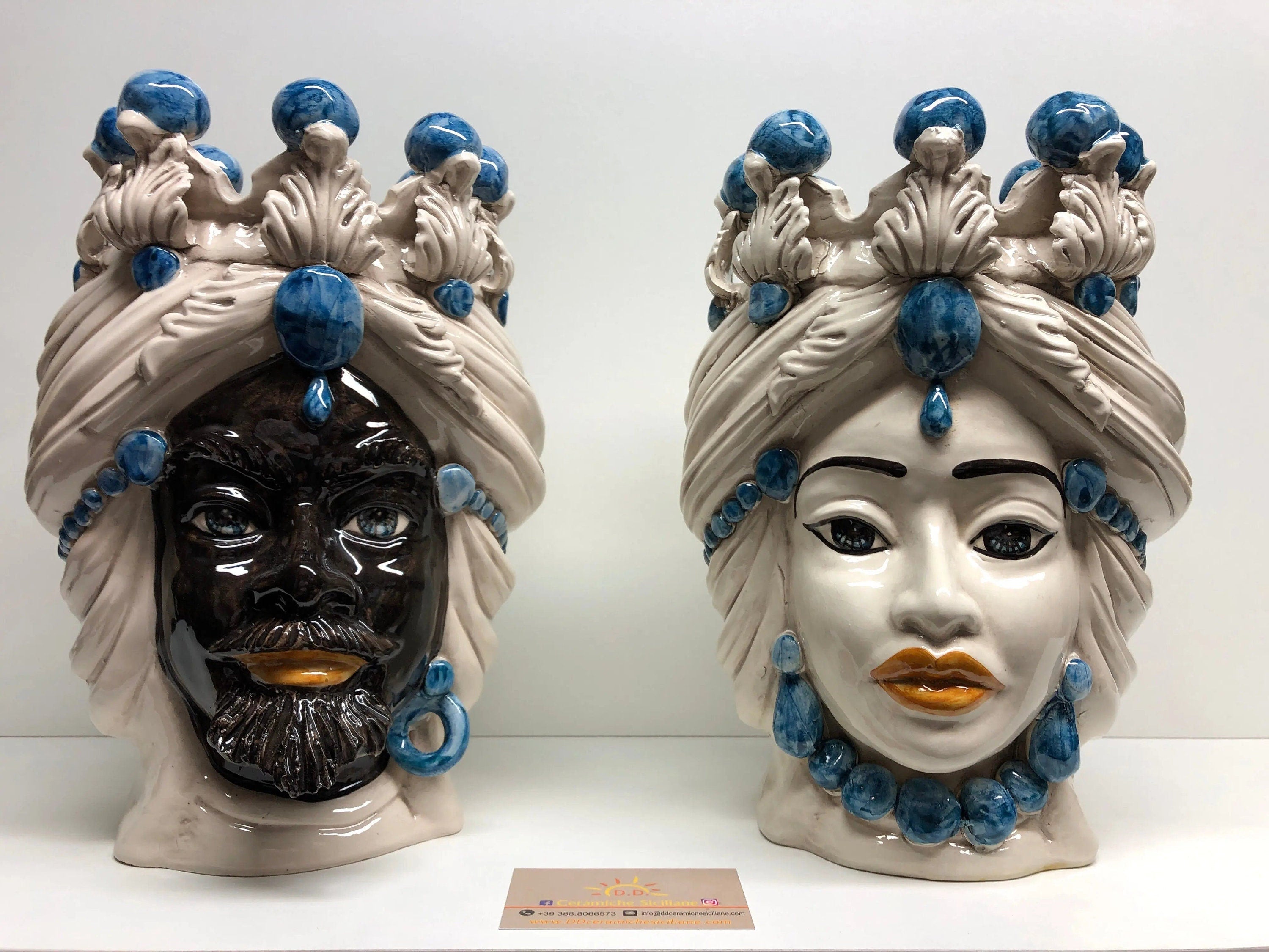 Teste di Moro Corona Ceramica Caltagirone cm H.30 L.20 Artigianale Sfere Blu DD CERAMICHE SICILIANE