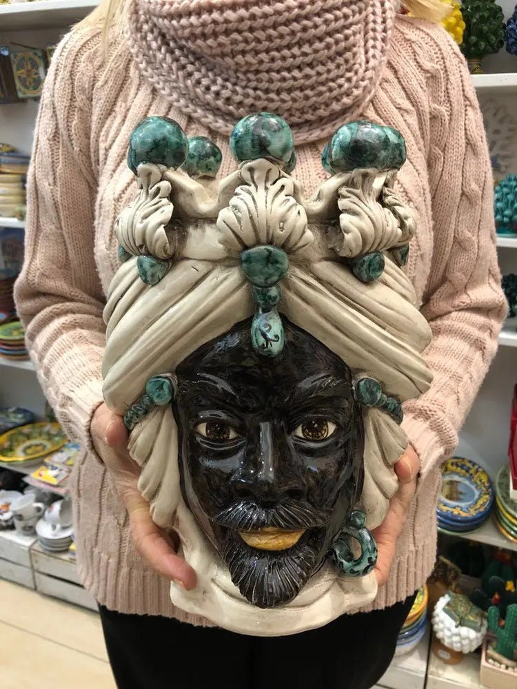 Teste di Moro Corona Ceramica Caltagirone cm H.30 L.20 Artigianale Sfere Verde DD CERAMICHE SICILIANE