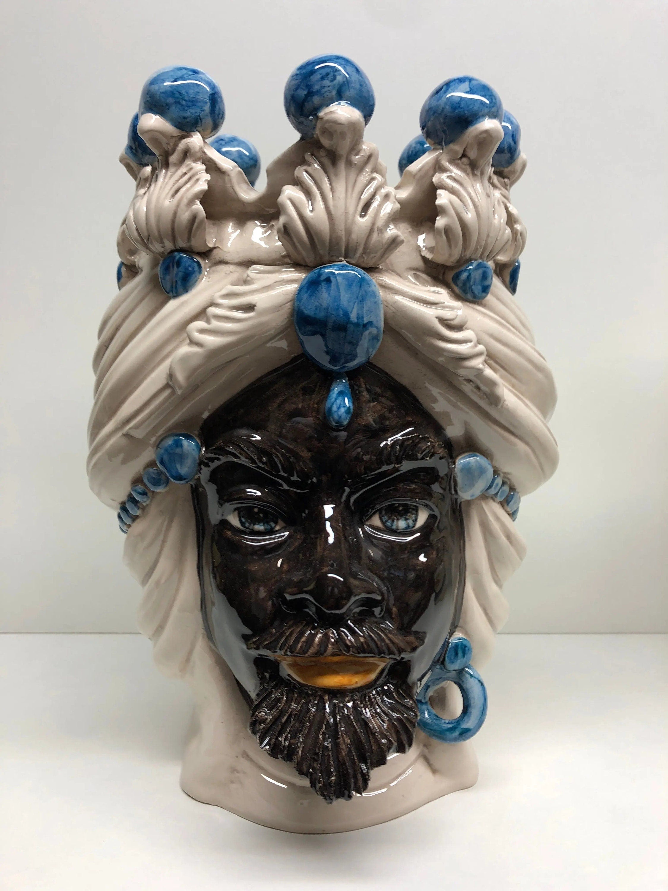 Teste di Moro Corona Ceramica Caltagirone cm H.30 L.20 Artigianale Sfere Blu DD CERAMICHE SICILIANE