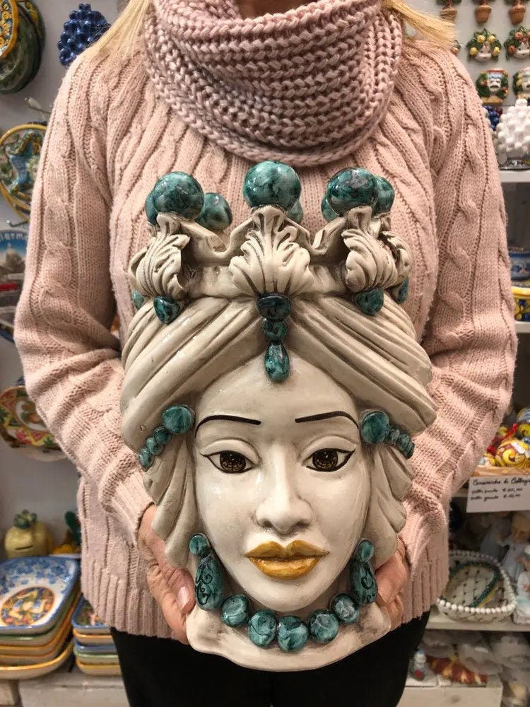 Teste di Moro Corona Ceramica Caltagirone cm H.30 L.20 Artigianale Sfere Verde DD CERAMICHE SICILIANE