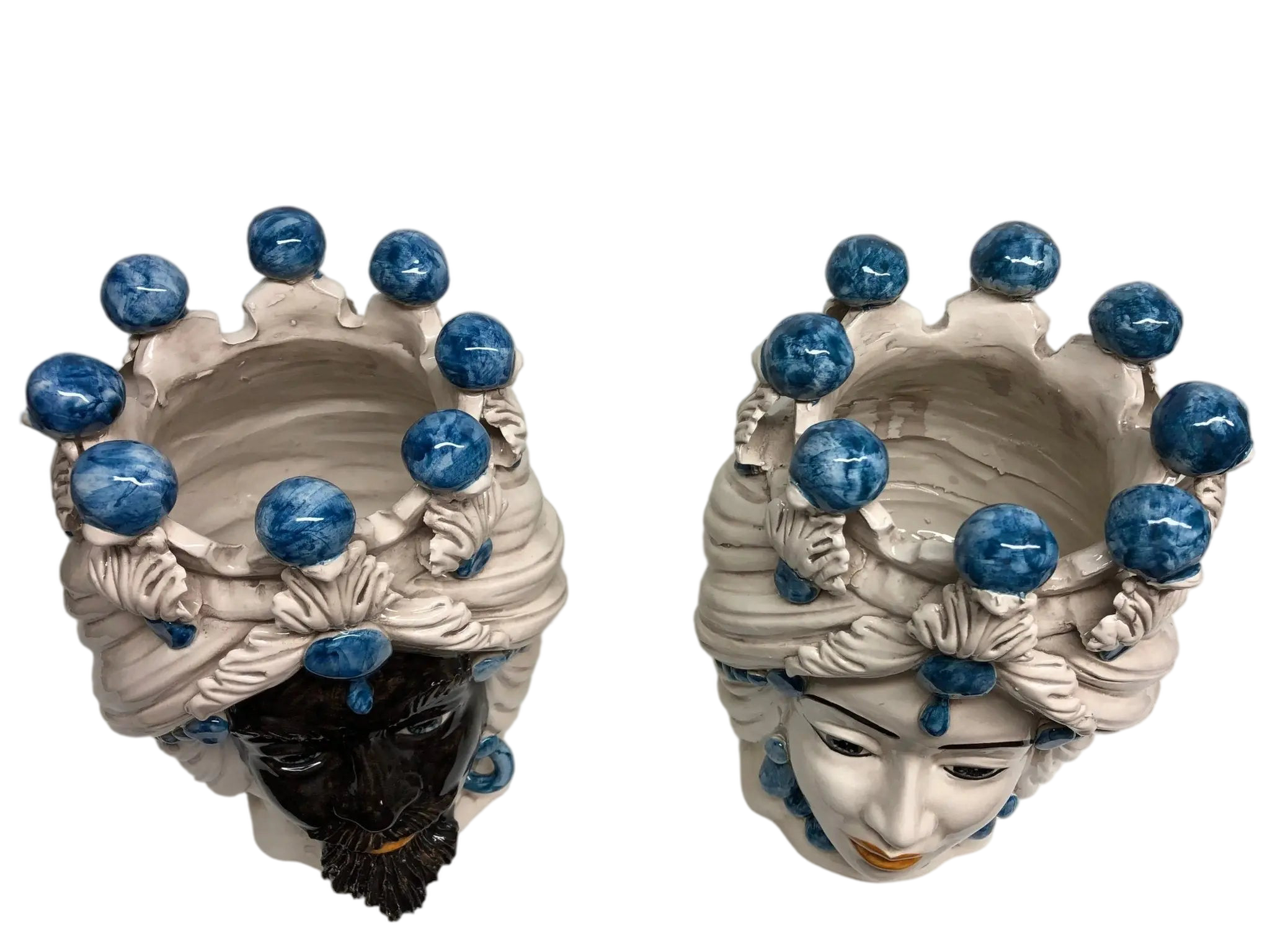 Teste di Moro Corona Ceramica Caltagirone cm H.30 L.20 Artigianale Sfere Blu - DD CERAMICHE SICILIANE