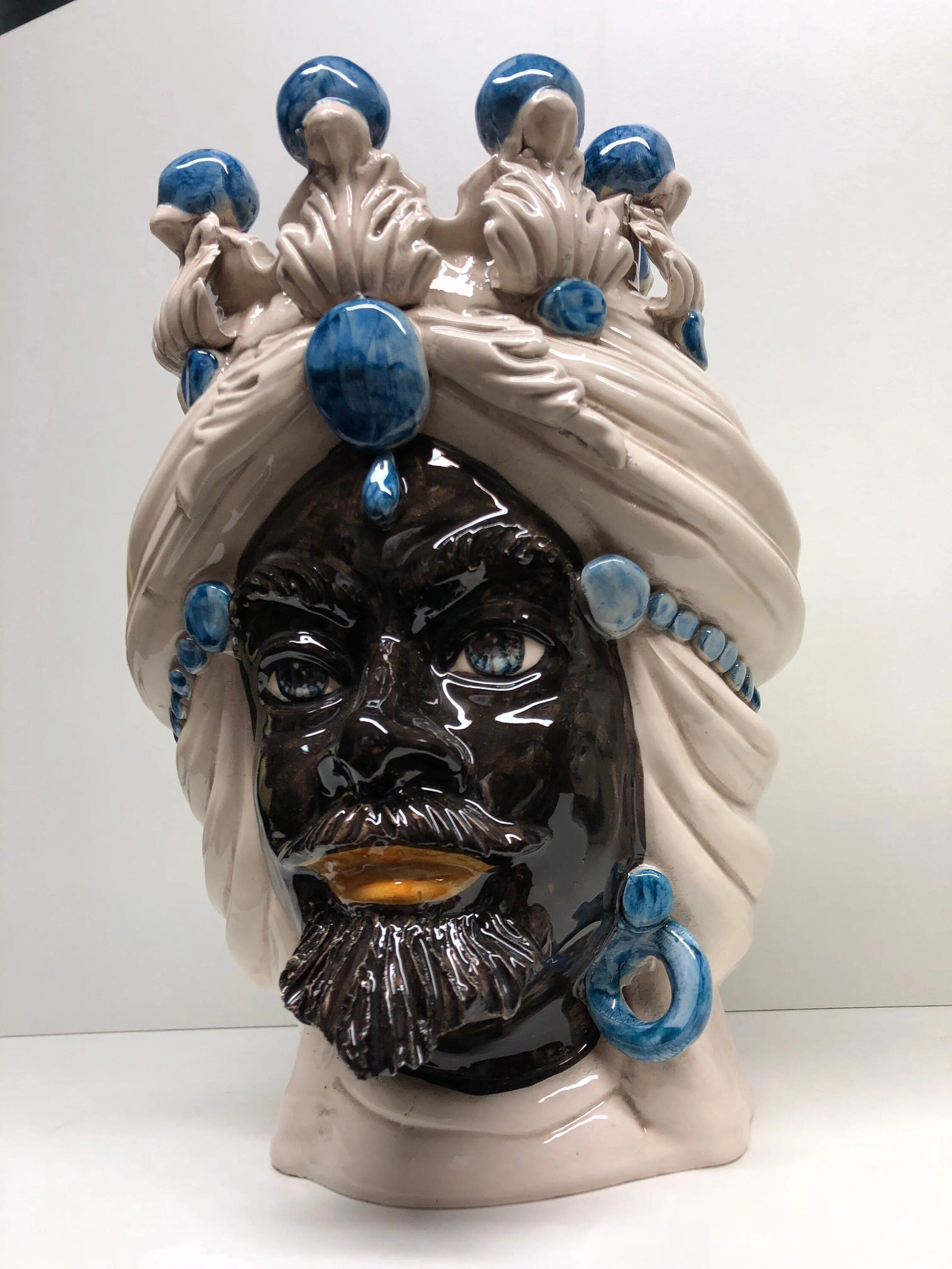 Teste di Moro Corona Ceramica Caltagirone cm H.30 L.20 Artigianale Sfere Blu DD CERAMICHE SICILIANE