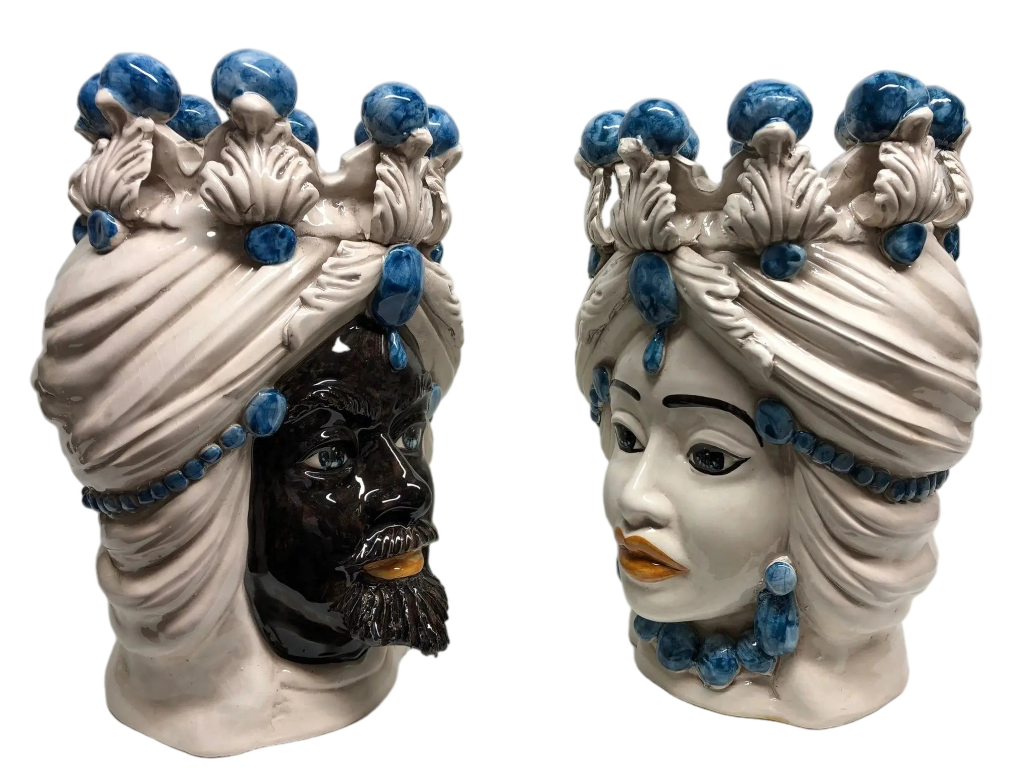 Teste di Moro Corona Ceramica Caltagirone cm H.30 L.20 Artigianale Sfere Blu - DD CERAMICHE SICILIANE