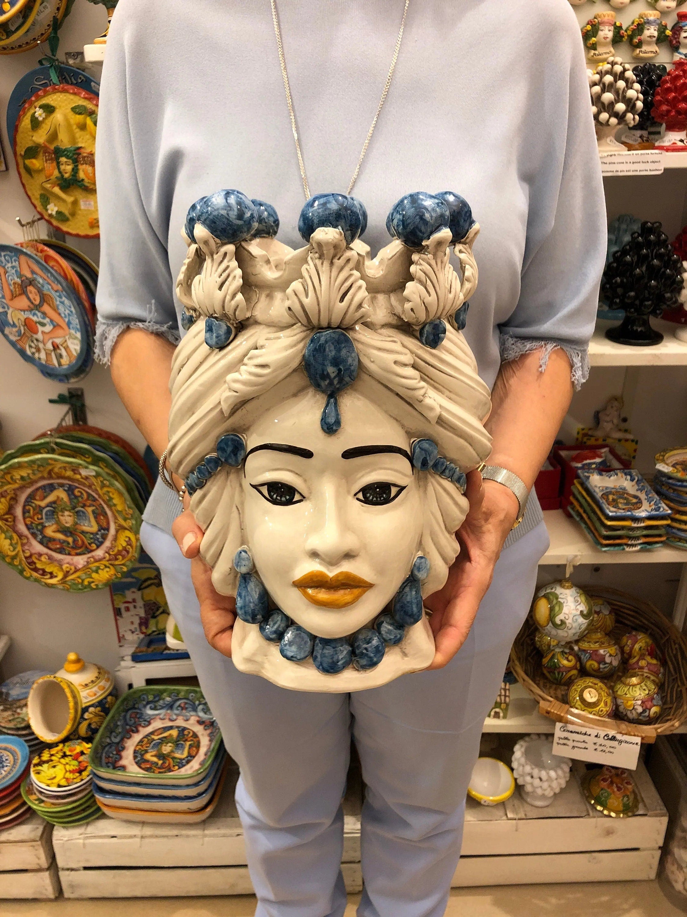 Teste di Moro Corona Ceramica Caltagirone cm H.30 L.20 Artigianale Sfere Blu DD CERAMICHE SICILIANE