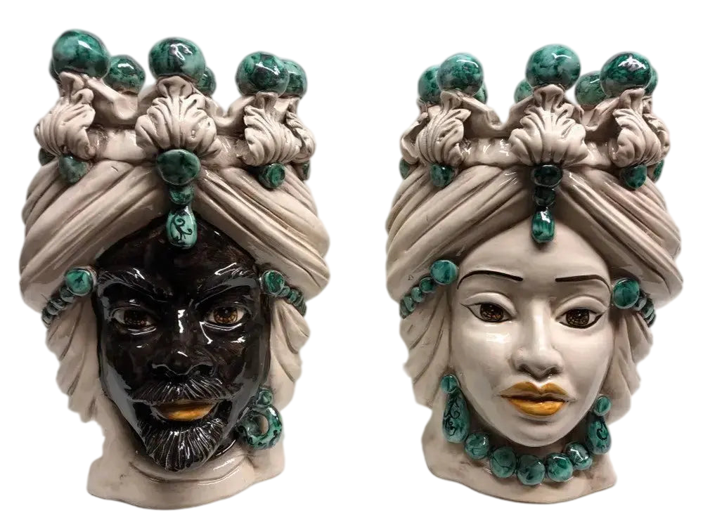 Teste di Moro Corona Ceramica Caltagirone cm H.30 L.20 Artigianale Sfere Verde - DD CERAMICHE SICILIANE