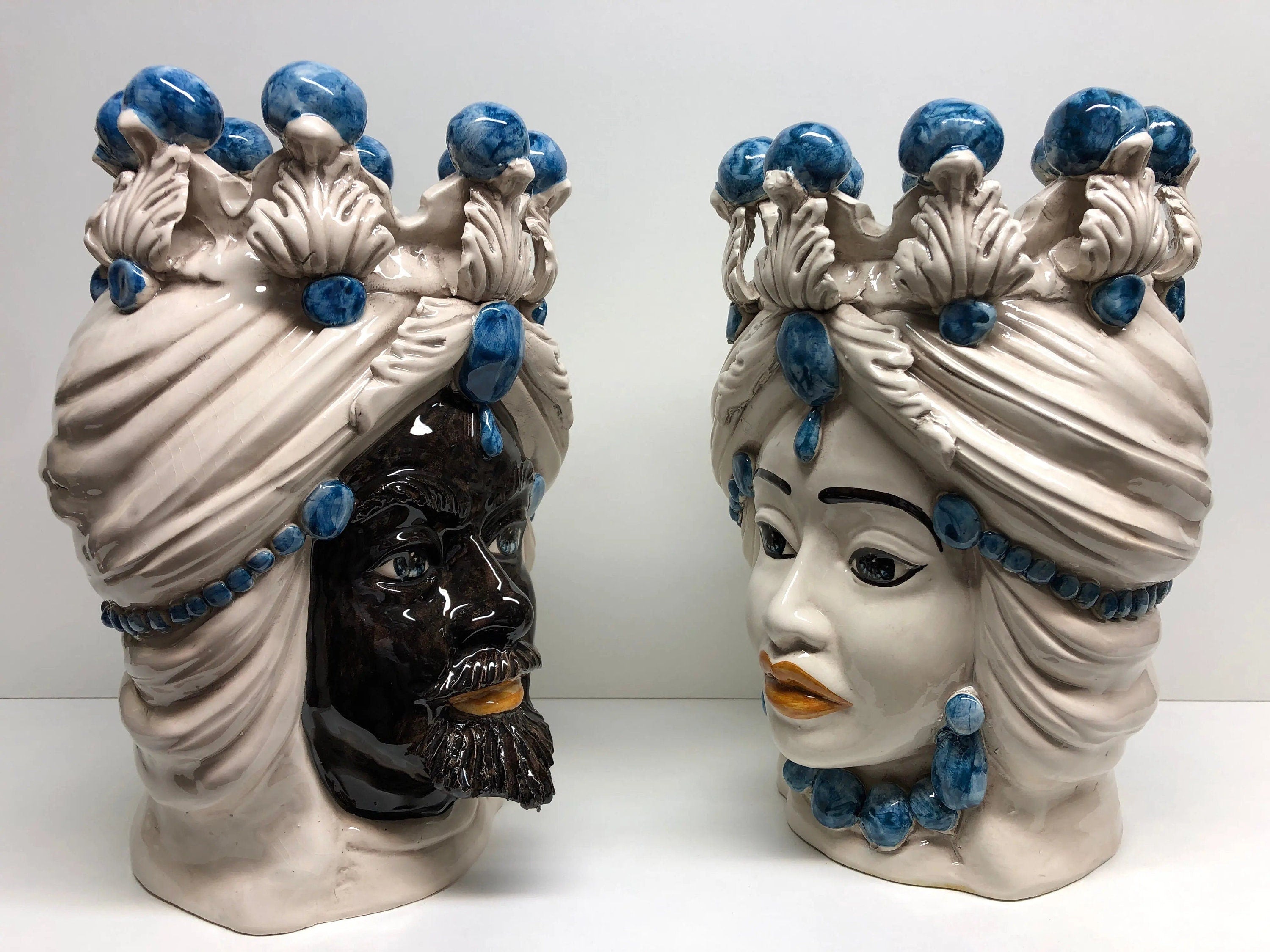 Teste di Moro Corona Ceramica Caltagirone cm H.30 L.20 Artigianale Sfere Blu DD CERAMICHE SICILIANE