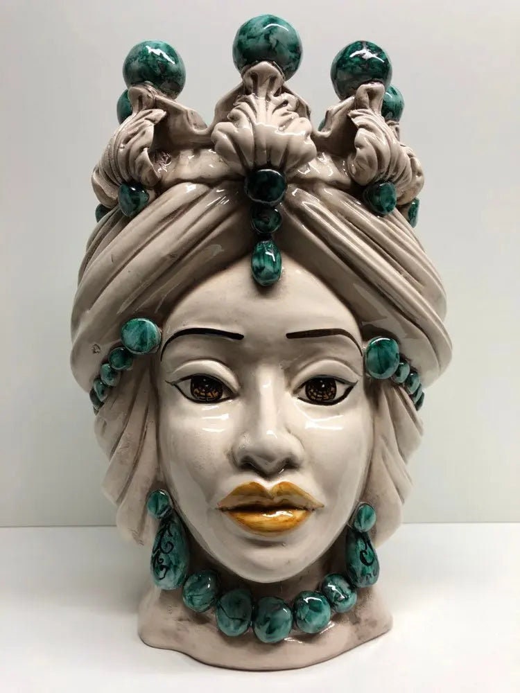 Teste di Moro Corona Ceramica Caltagirone cm H.30 L.20 Artigianale Sfere Verde DD CERAMICHE SICILIANE
