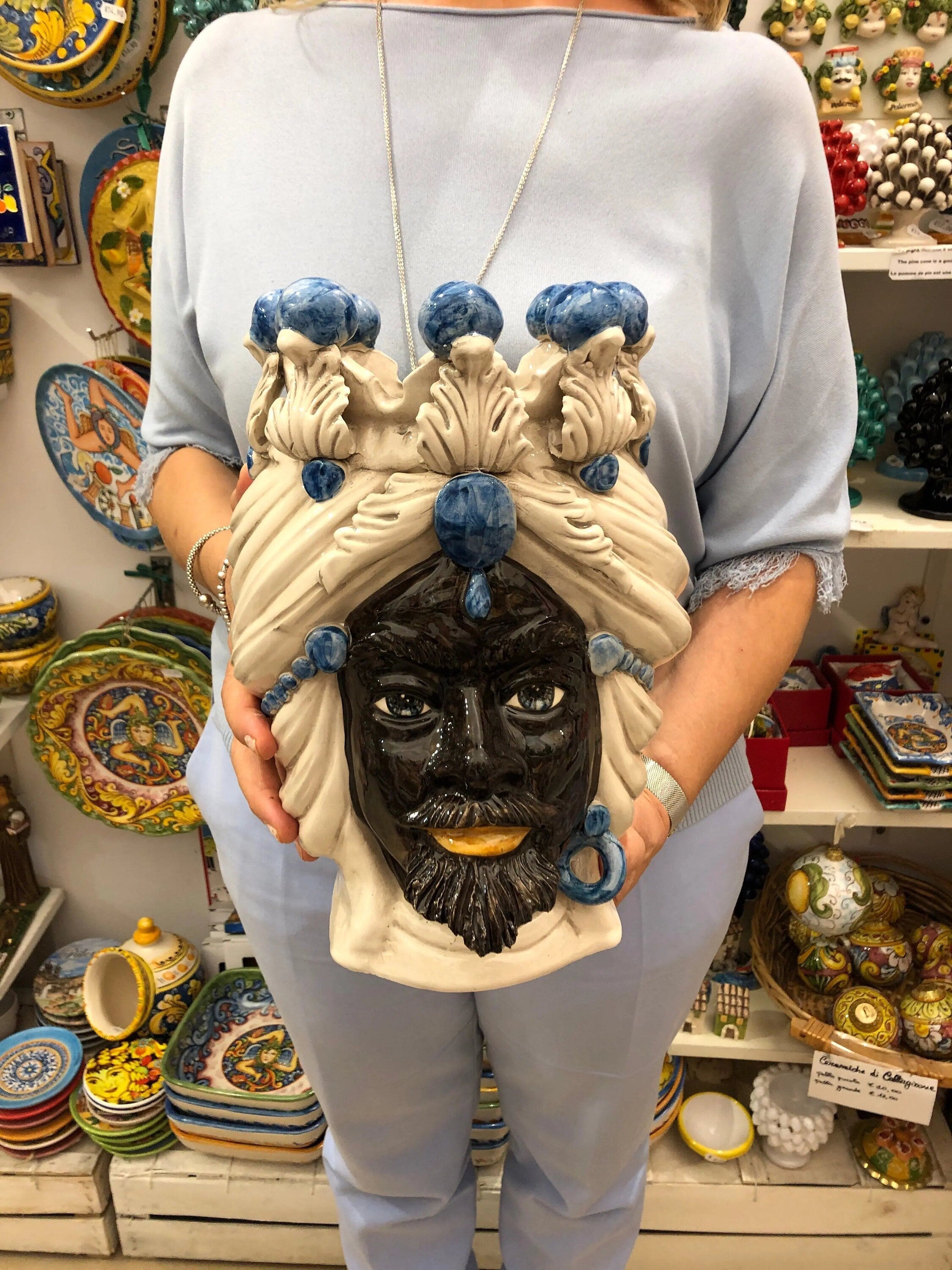 Teste di Moro Corona Ceramica Caltagirone cm H.30 L.20 Artigianale Sfere Blu DD CERAMICHE SICILIANE