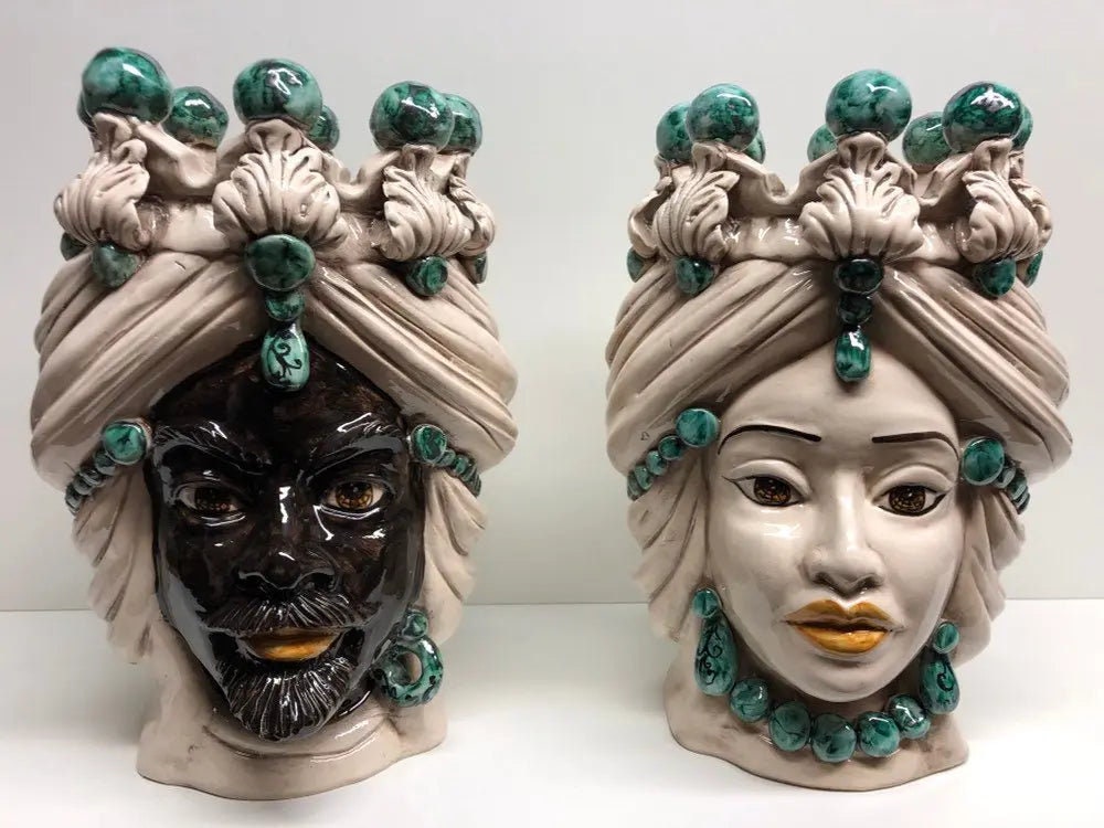 Teste di Moro Corona Ceramica Caltagirone cm H.30 L.20 Artigianale Sfere Verde DD CERAMICHE SICILIANE