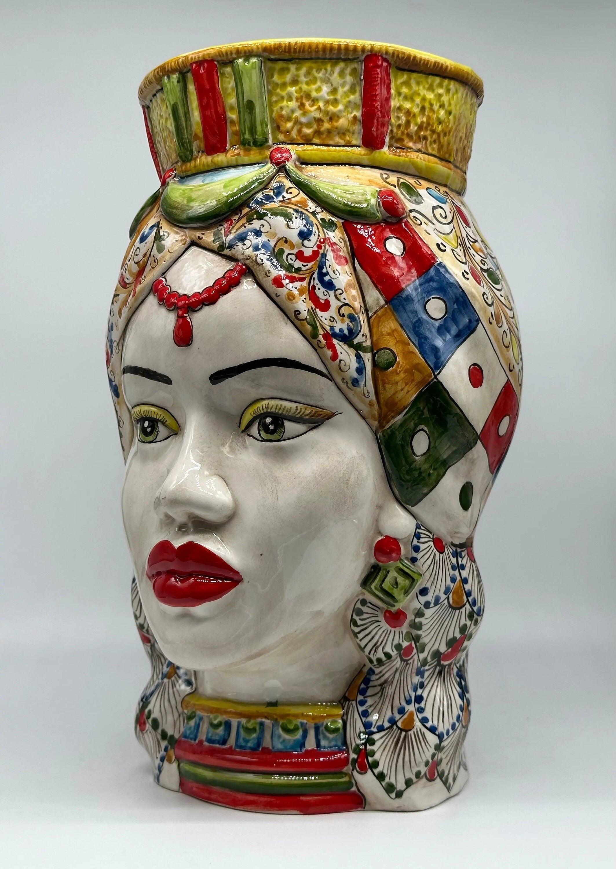 Teste di Moro Saturno Ceramica Caltagirone cm H.37 L.22 Artigianale Decoro “Carretto” DD CERAMICHE SICILIANE