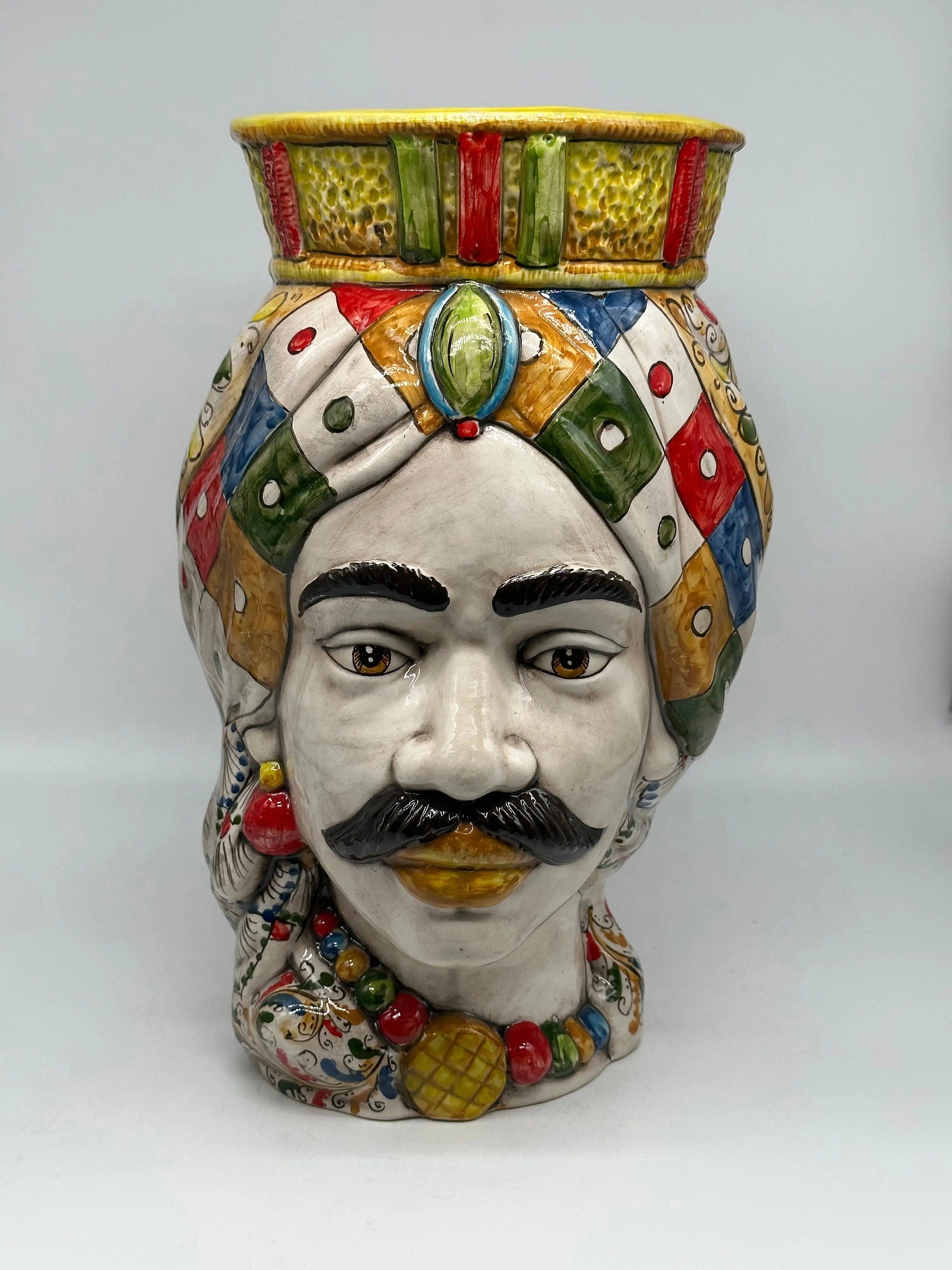 Teste di Moro Saturno Ceramica Caltagirone cm H.37 L.22 Artigianale Decoro “Carretto” DD CERAMICHE SICILIANE