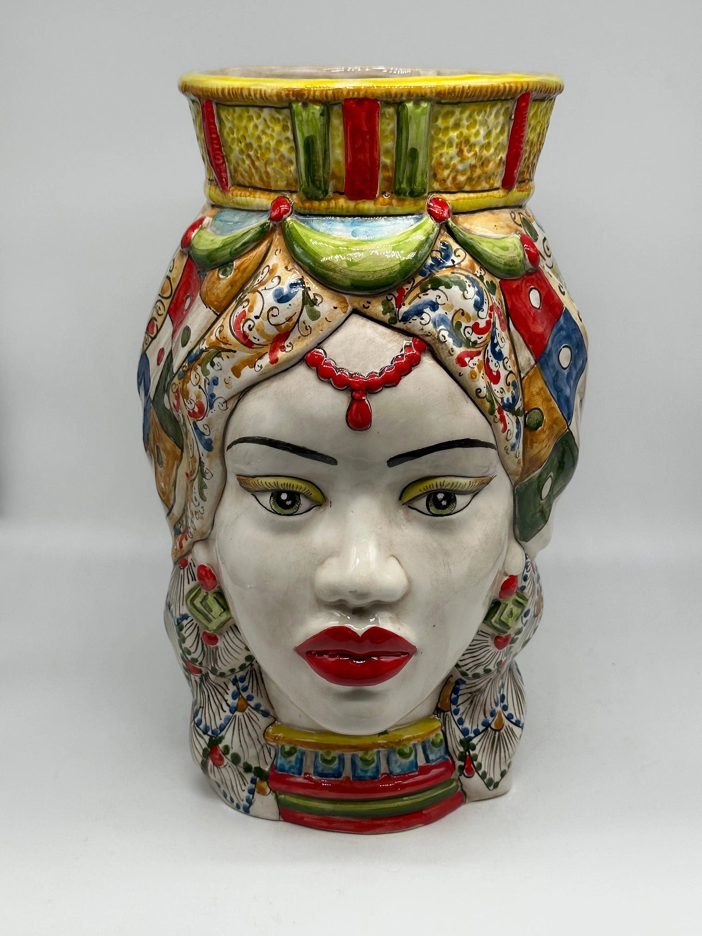 Teste di Moro Saturno Ceramica Caltagirone cm H.37 L.22 Artigianale Decoro “Carretto” DD CERAMICHE SICILIANE