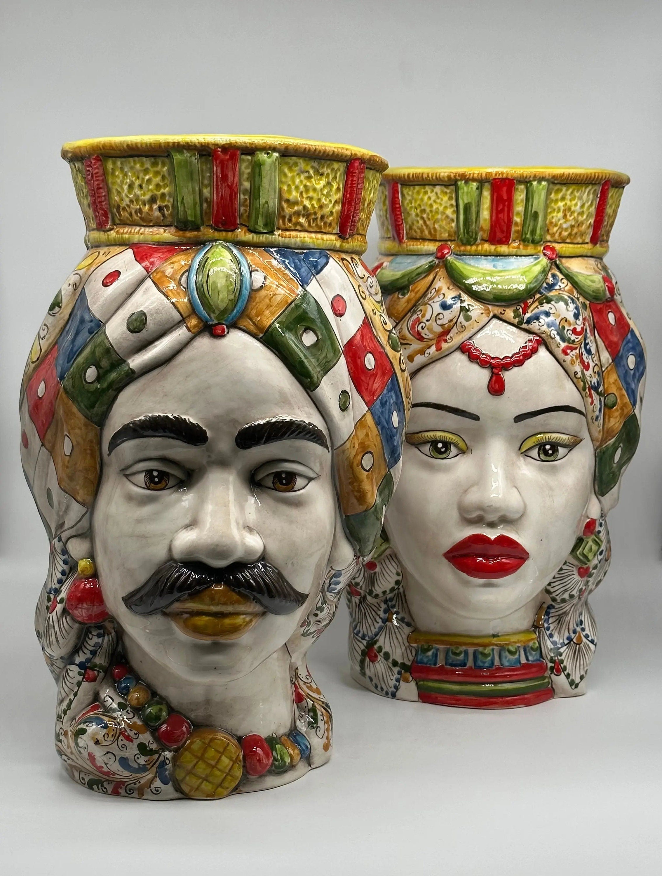 Teste di Moro Saturno Ceramica Caltagirone cm H.37 L.22 Artigianale Decoro “Carretto” DD CERAMICHE SICILIANE