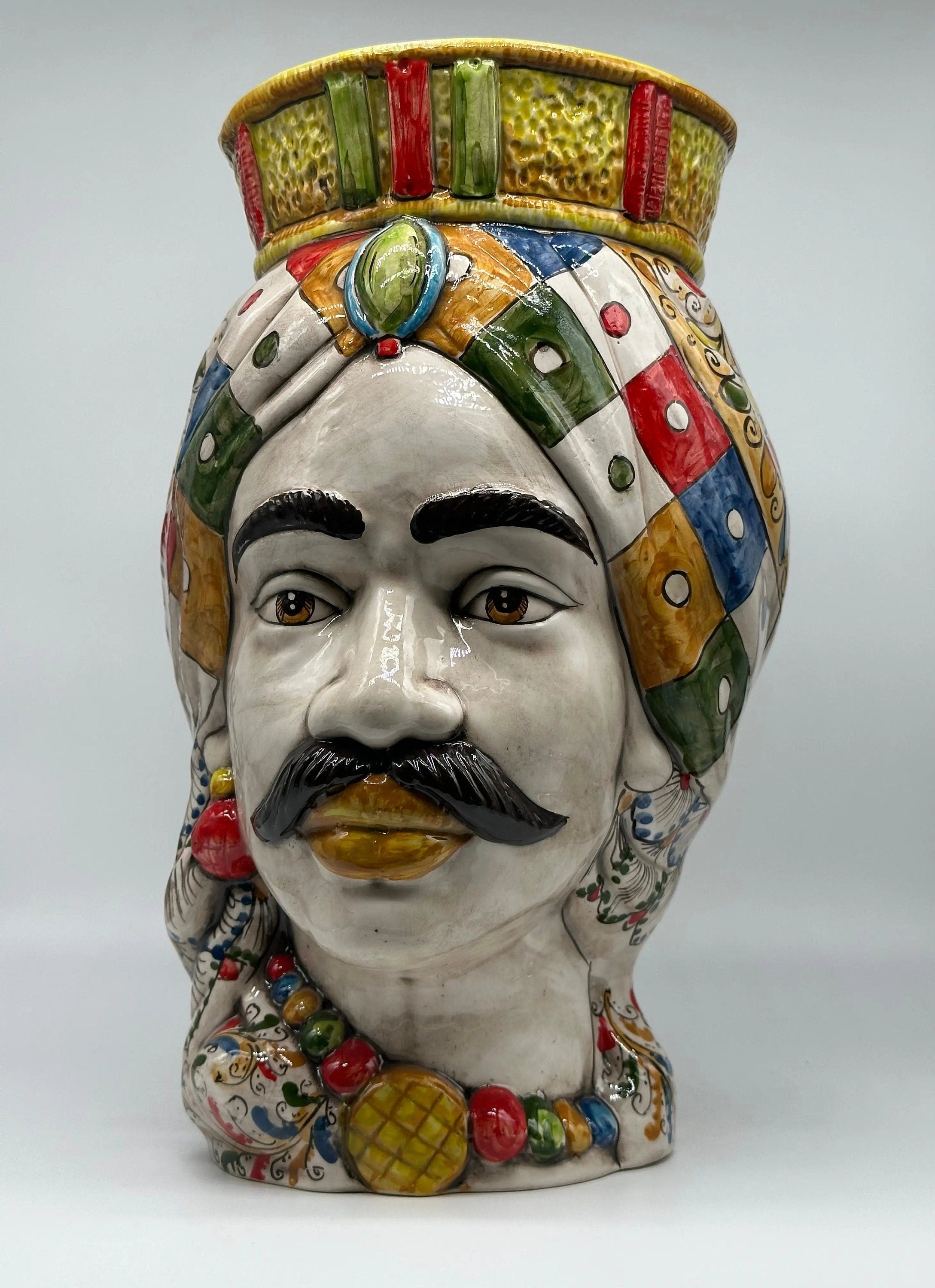 Teste di Moro Saturno Ceramica Caltagirone cm H.37 L.22 Artigianale Decoro “Carretto” DD CERAMICHE SICILIANE