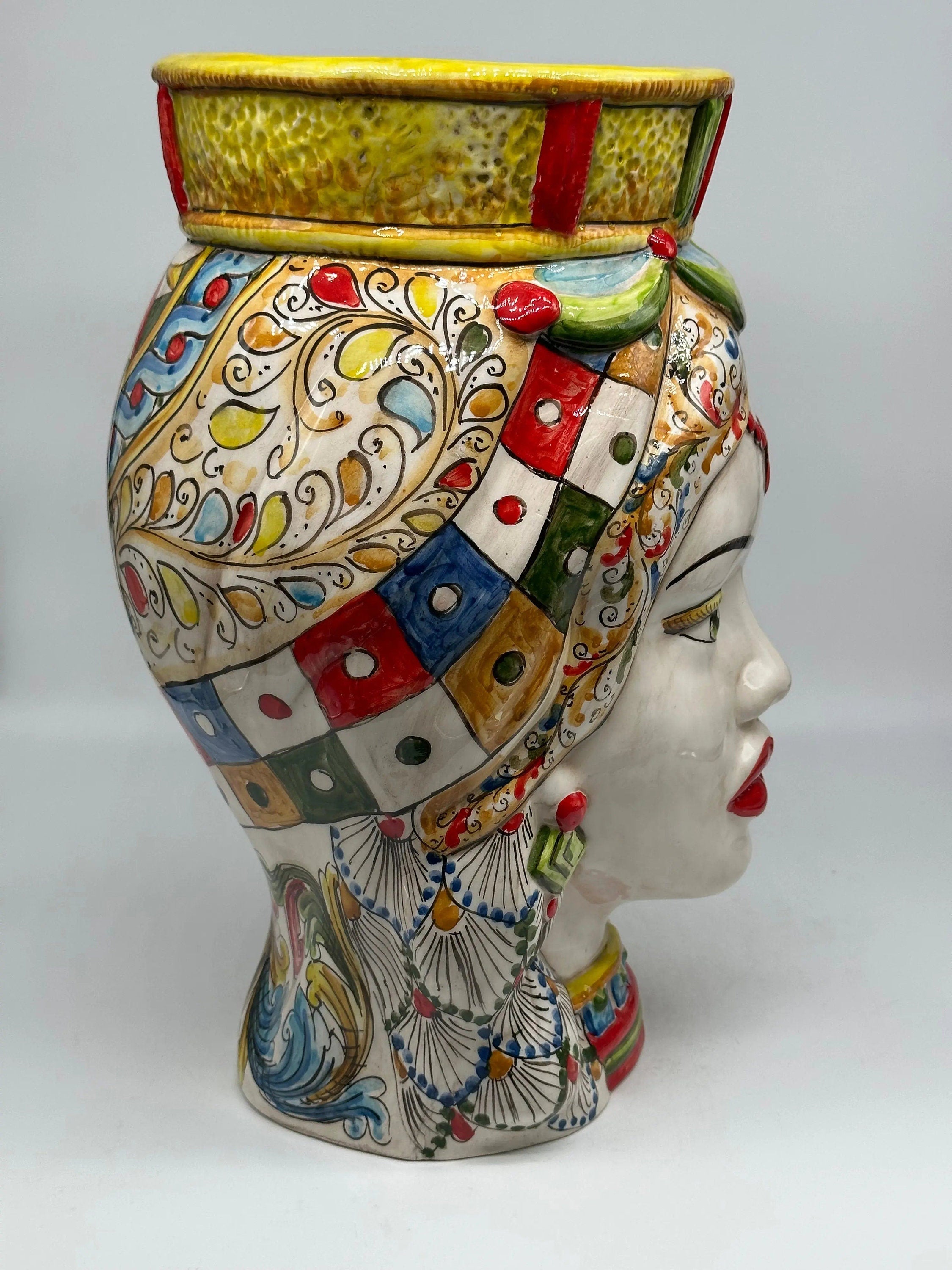 Teste di Moro Saturno Ceramica Caltagirone cm H.37 L.22 Artigianale Decoro “Carretto” DD CERAMICHE SICILIANE