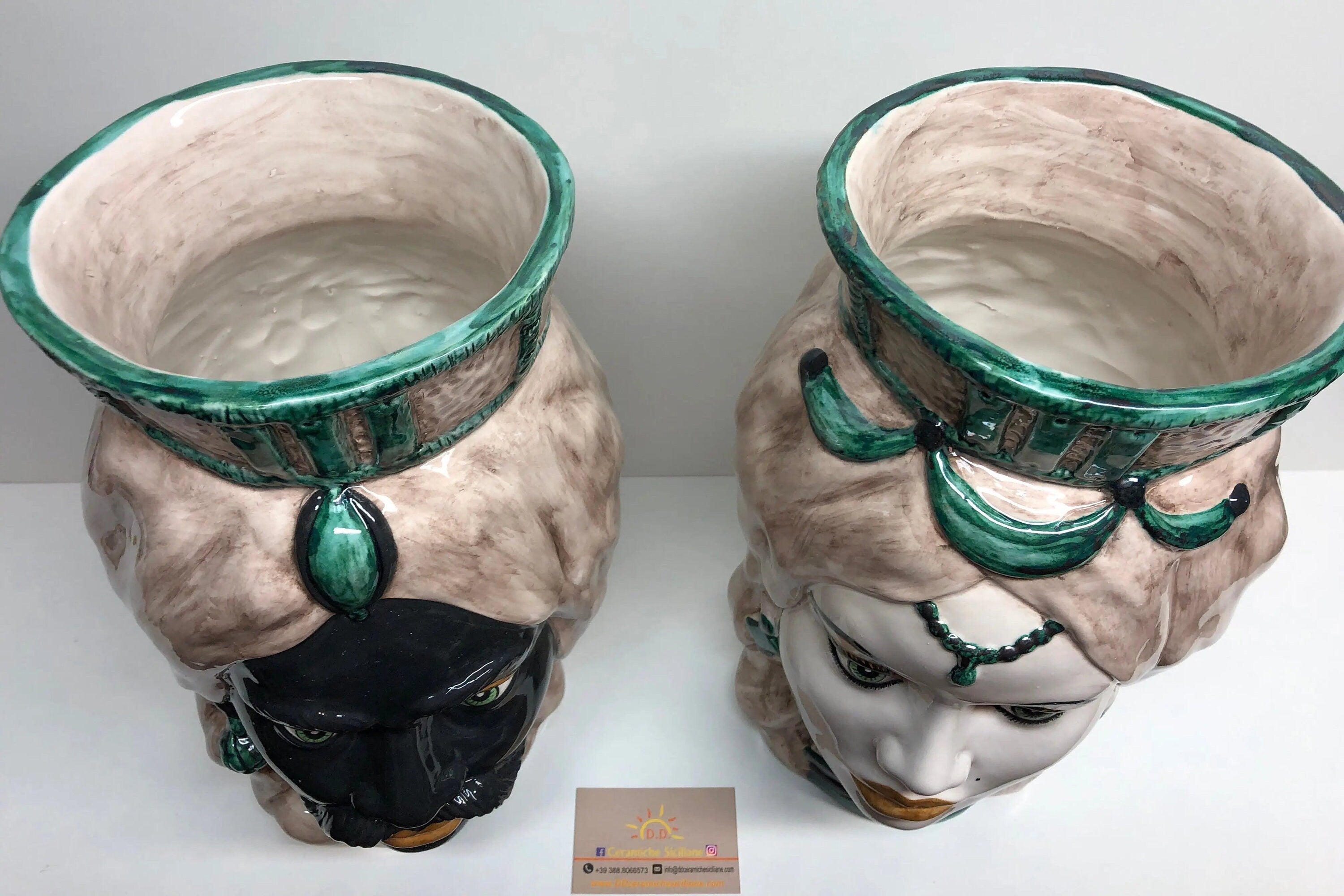 Teste di Moro Corona Retta Ceramica Caltagirone cm H.38 L.24 Artigianale dettagli Verde Acqua DD CERAMICHE SICILIANE