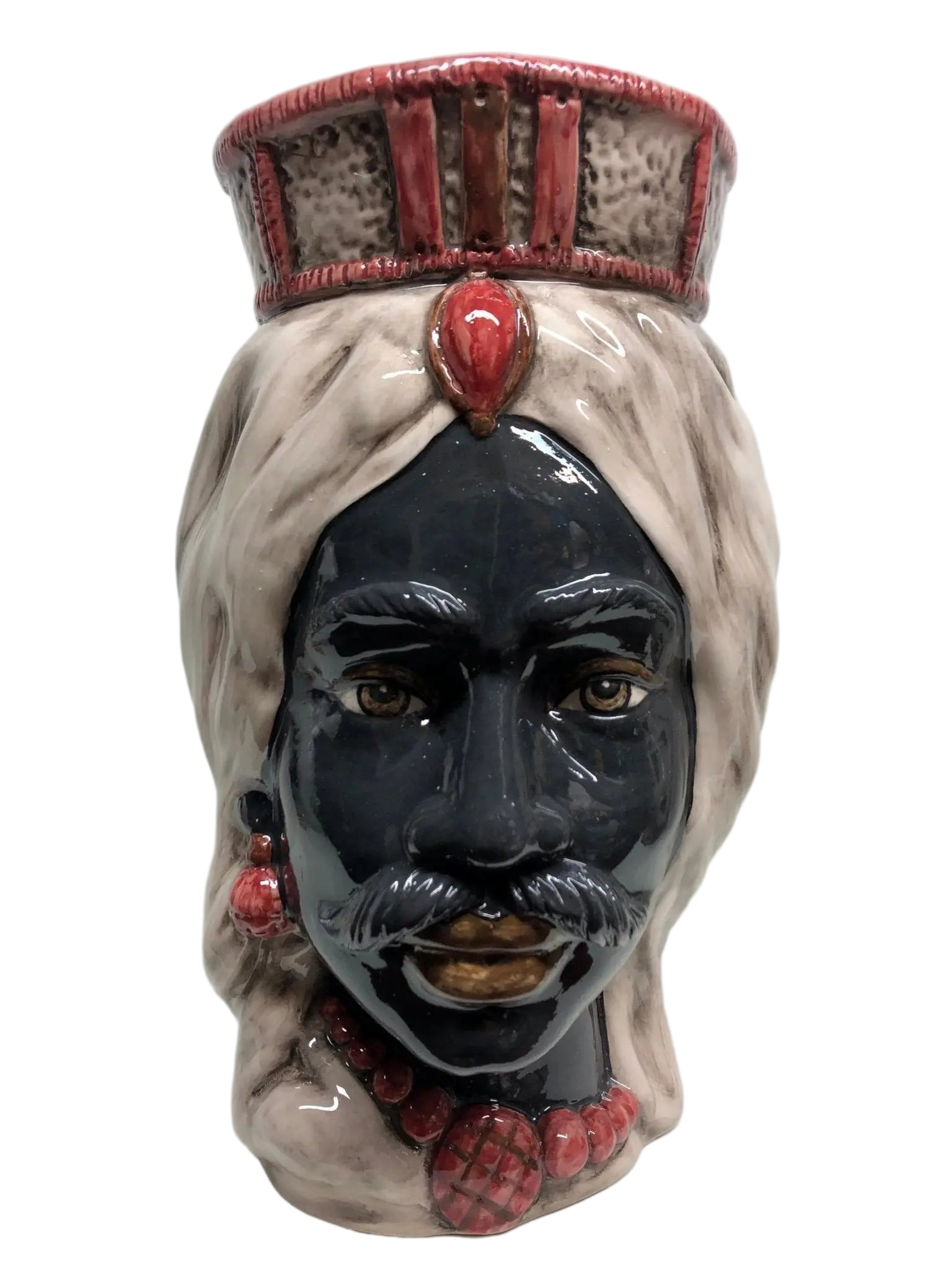 Teste di Moro Corona Retta Ceramica Caltagirone cm H.38 L.24 Artigianale dettagli Bordeaux - DD CERAMICHE SICILIANE