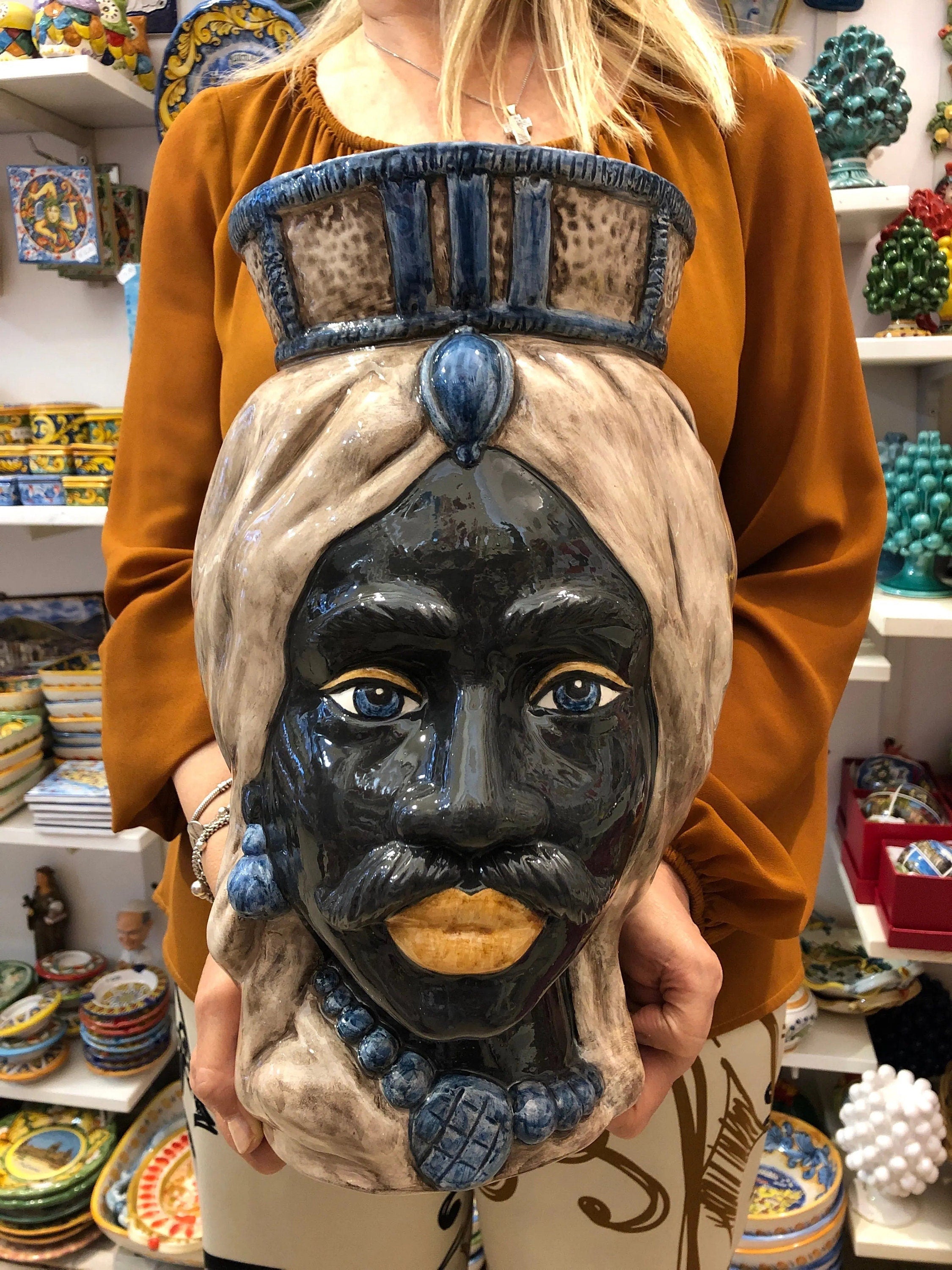 Teste di Moro Corona Retta Ceramica Caltagirone cm H.38 L.24 Artigianale dettagli Blu Antico DD CERAMICHE SICILIANE