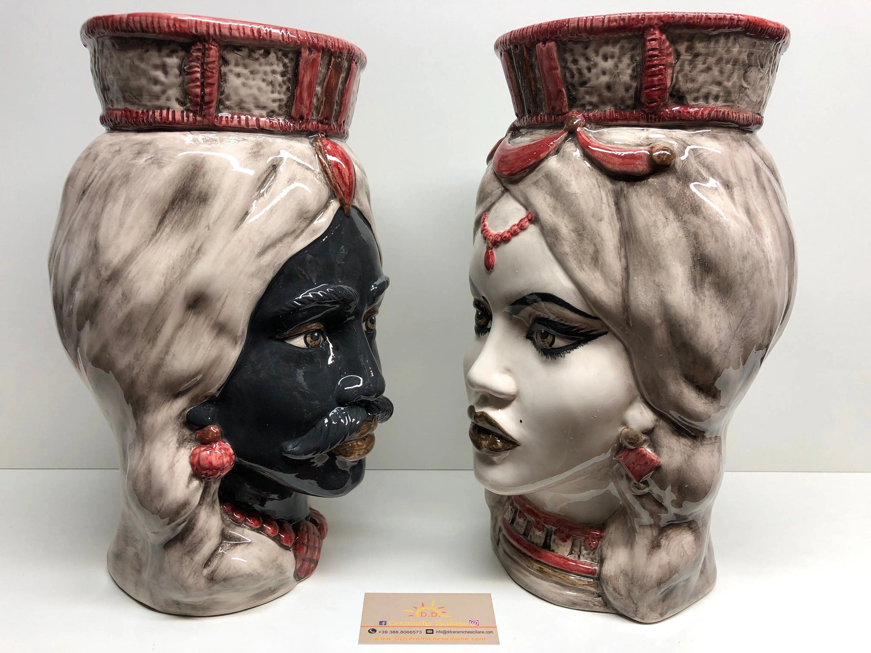 Teste di Moro Corona Retta Ceramica Caltagirone cm H.38 L.24 Artigianale dettagli Bordeaux DD CERAMICHE SICILIANE