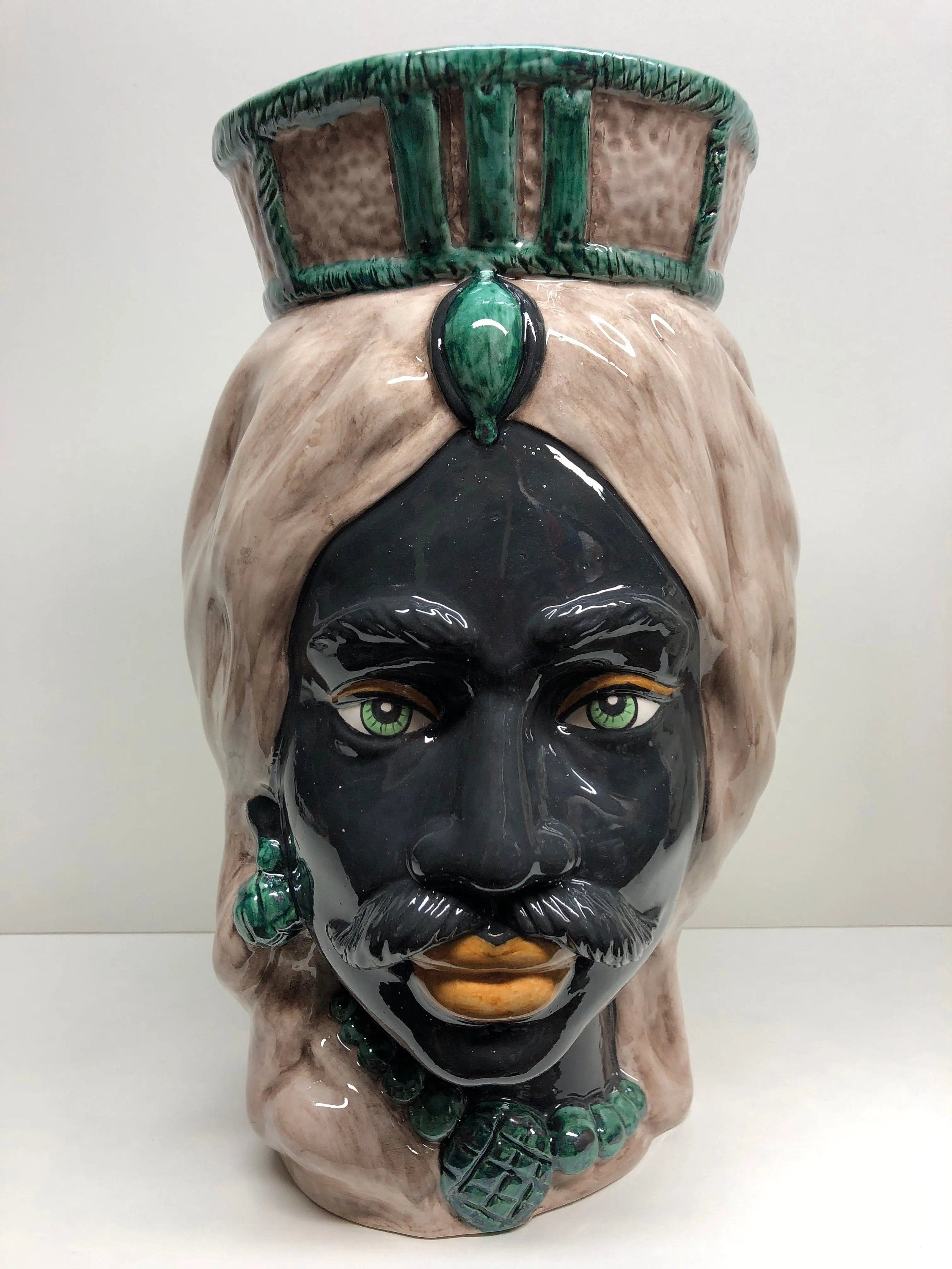 Teste di Moro Corona Retta Ceramica Caltagirone cm H.38 L.24 Artigianale dettagli Verde Acqua DD CERAMICHE SICILIANE