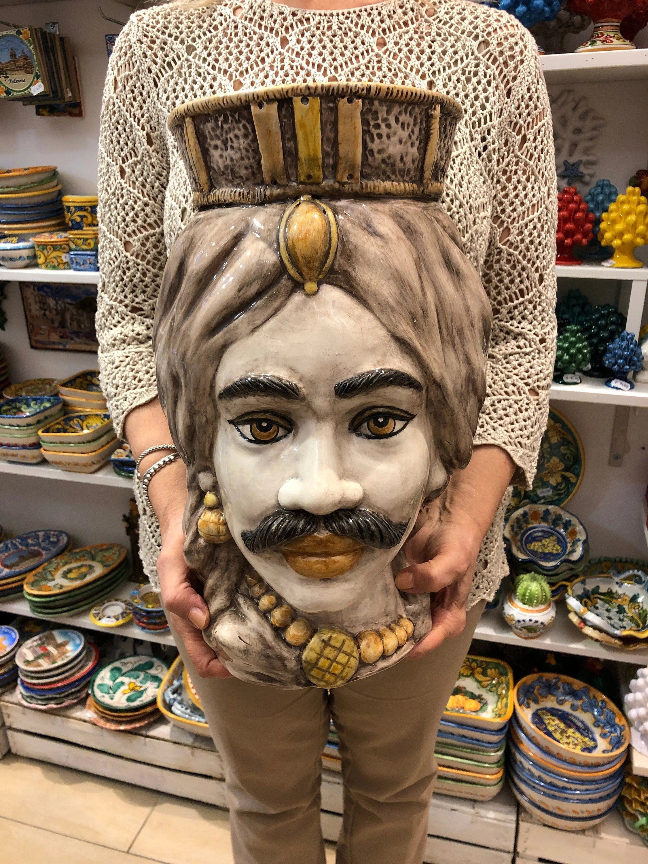 Teste di Moro Corona Retta Ceramica Caltagirone cm H.38 L.24 Artigianale dettagli Giallo DD CERAMICHE SICILIANE