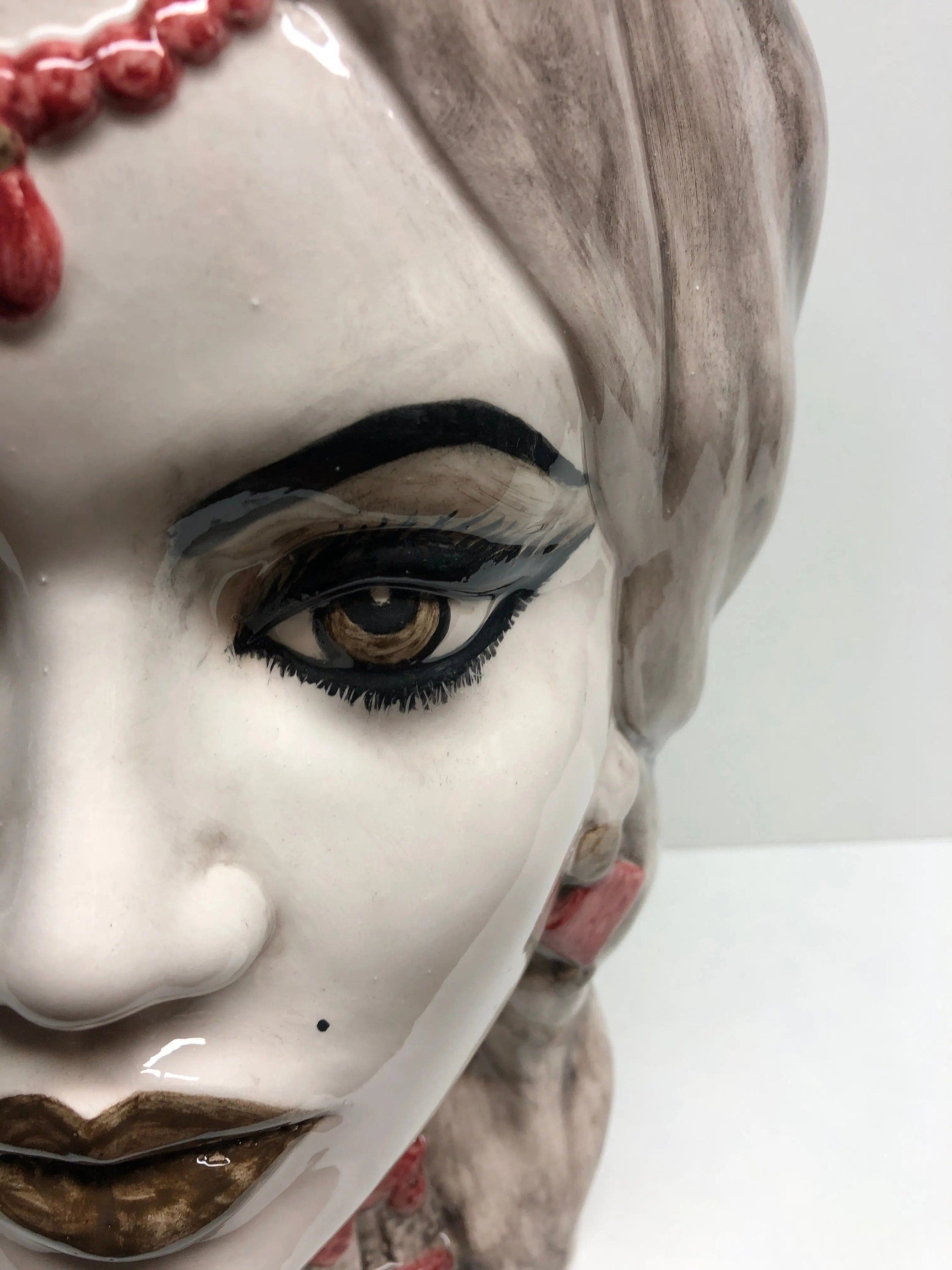 Teste di Moro Corona Retta Ceramica Caltagirone cm H.38 L.24 Artigianale dettagli Bordeaux DD CERAMICHE SICILIANE