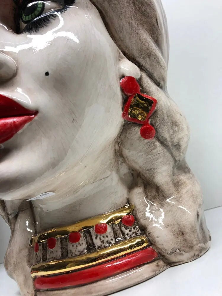 Teste di Moro Corona Retta Ceramica Caltagirone cm H.38 L.24 Artigianale dettagli Rosso Oro DD CERAMICHE SICILIANE