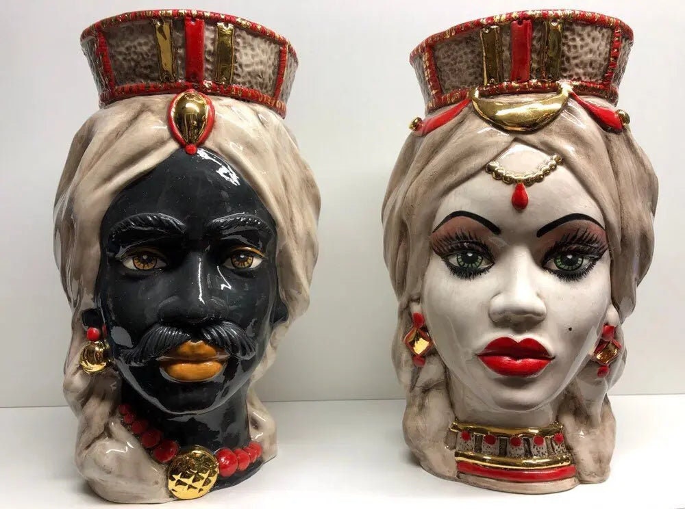 Teste di Moro Corona Retta Ceramica Caltagirone cm H.38 L.24 Artigianale dettagli Rosso Oro DD CERAMICHE SICILIANE