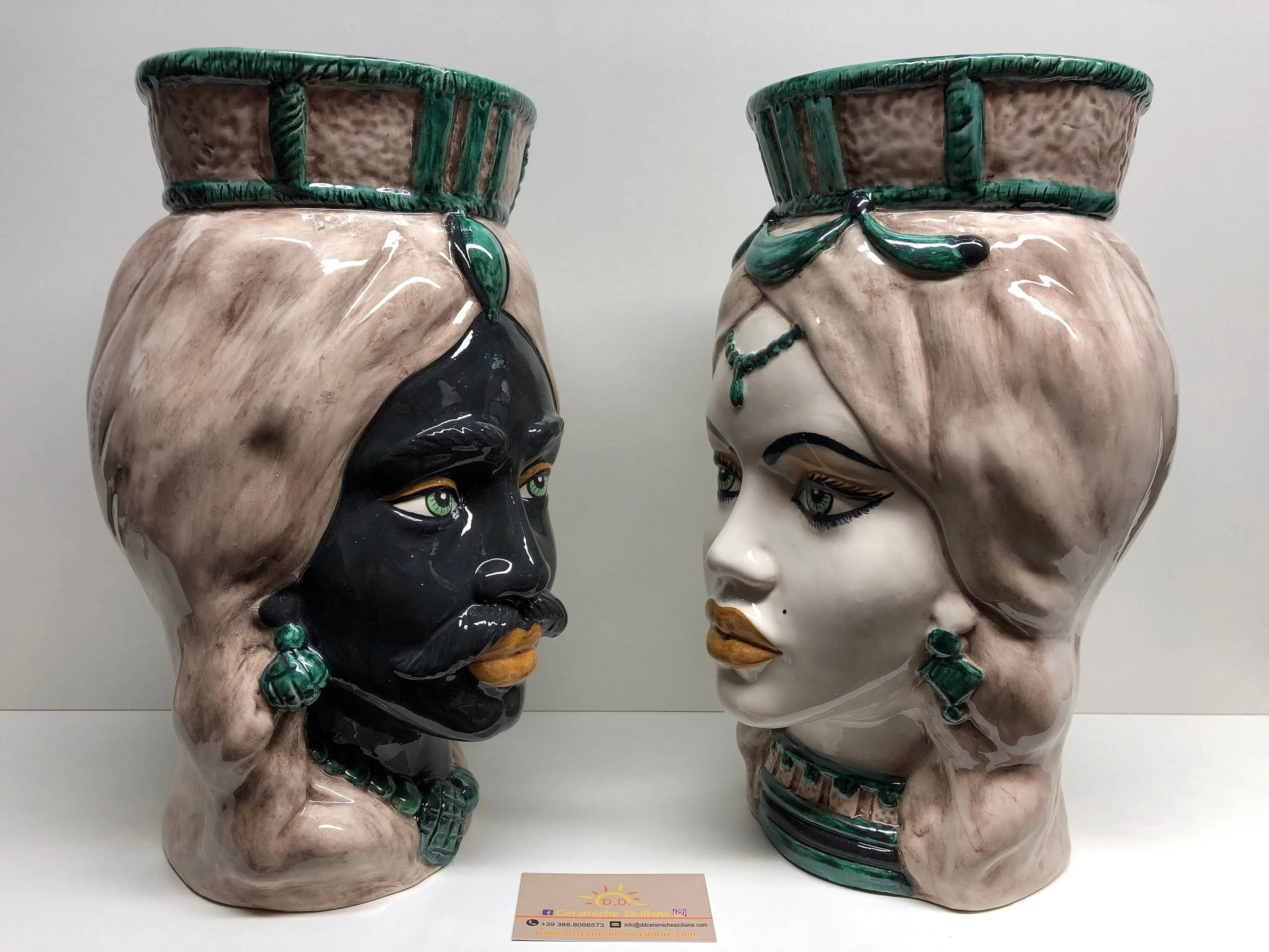 Teste di Moro Corona Retta Ceramica Caltagirone cm H.38 L.24 Artigianale dettagli Verde Acqua DD CERAMICHE SICILIANE