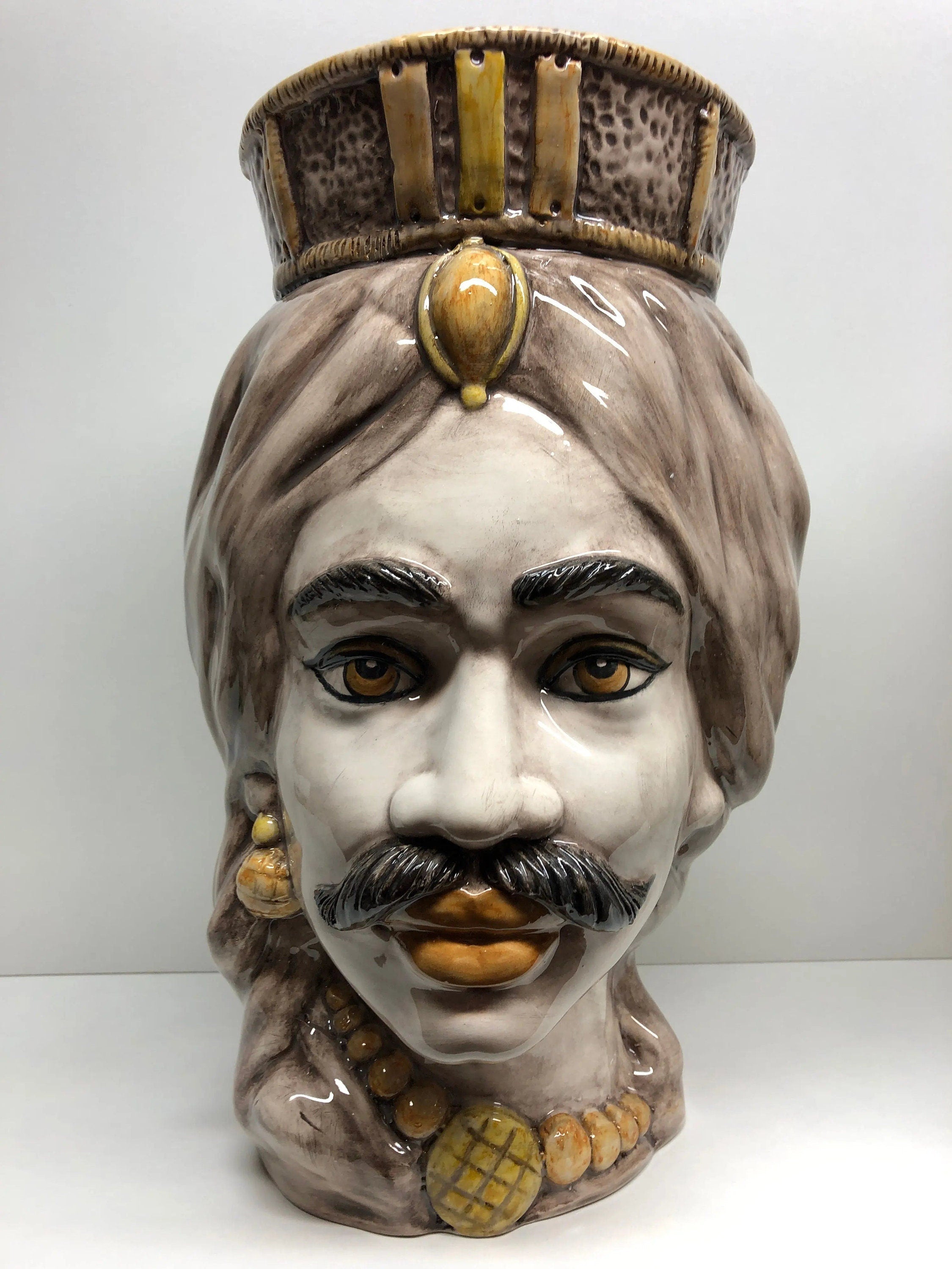 Teste di Moro Corona Retta Ceramica Caltagirone cm H.38 L.24 Artigianale dettagli Giallo DD CERAMICHE SICILIANE