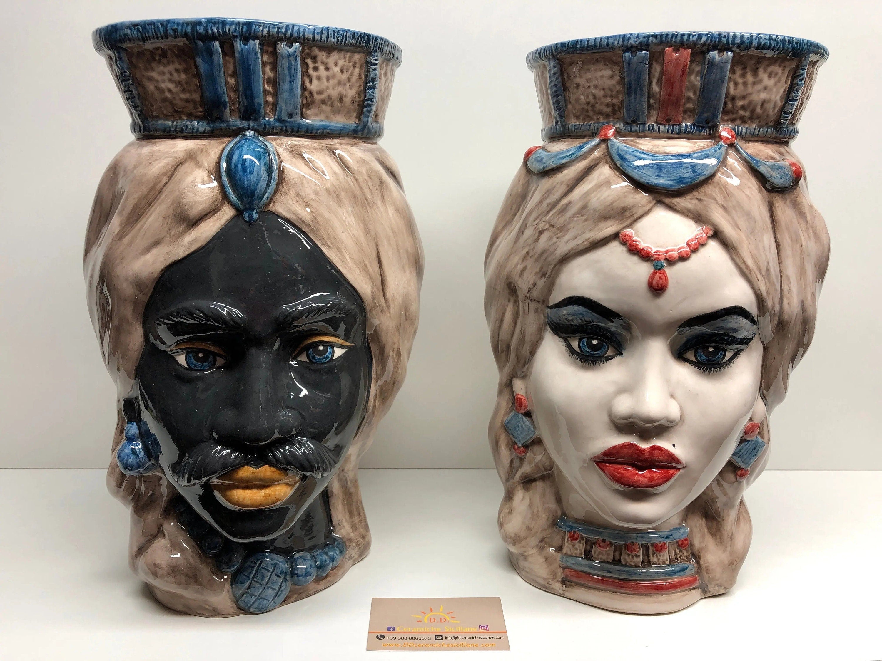 Teste di Moro Corona Retta Ceramica Caltagirone cm H.38 L.24 Artigianale dettagli Blu Antico DD CERAMICHE SICILIANE