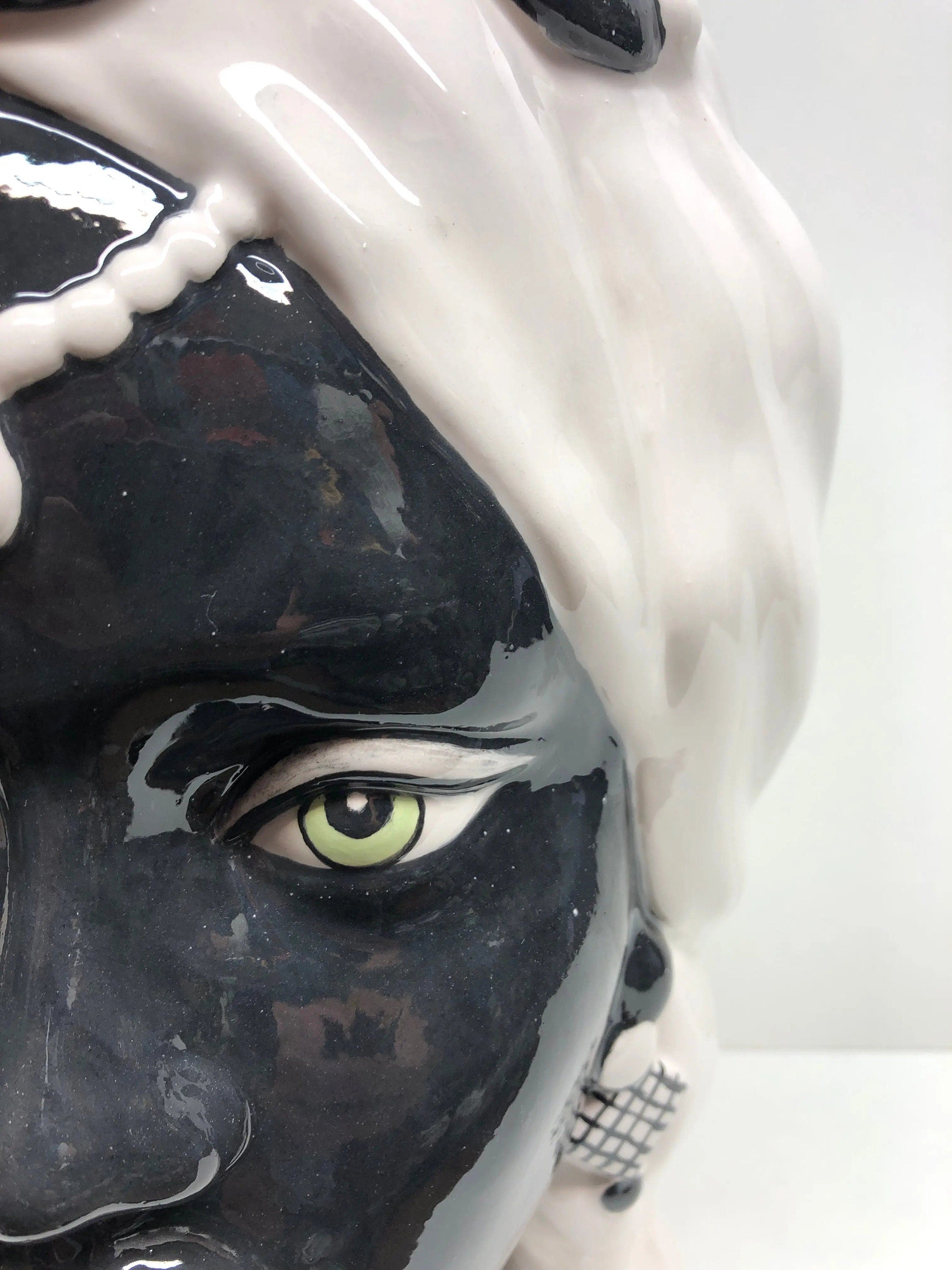 Teste di Moro Corona Retta Ceramica Caltagirone cm H.38 L.24 Artigianale Bianco Nero DD CERAMICHE SICILIANE