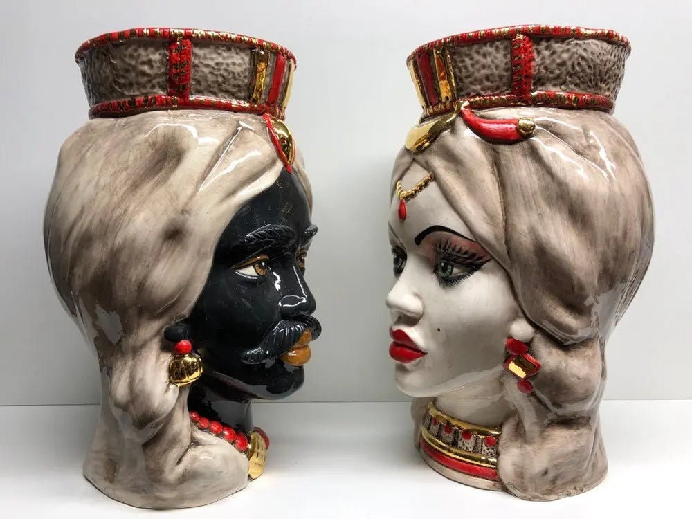 Teste di Moro Corona Retta Ceramica Caltagirone cm H.38 L.24 Artigianale dettagli Rosso Oro DD CERAMICHE SICILIANE