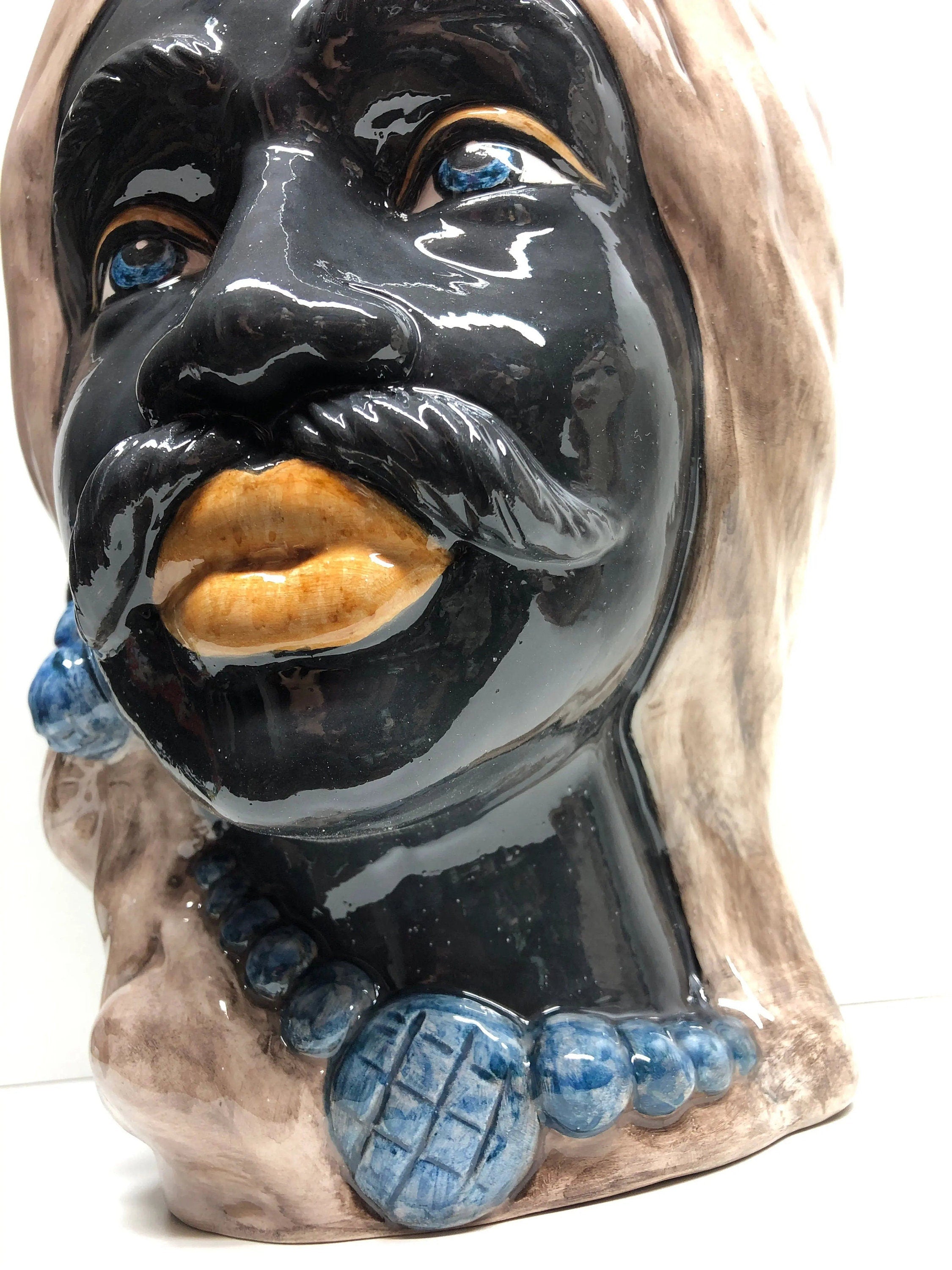 Teste di Moro Corona Retta Ceramica Caltagirone cm H.38 L.24 Artigianale dettagli Blu Antico DD CERAMICHE SICILIANE