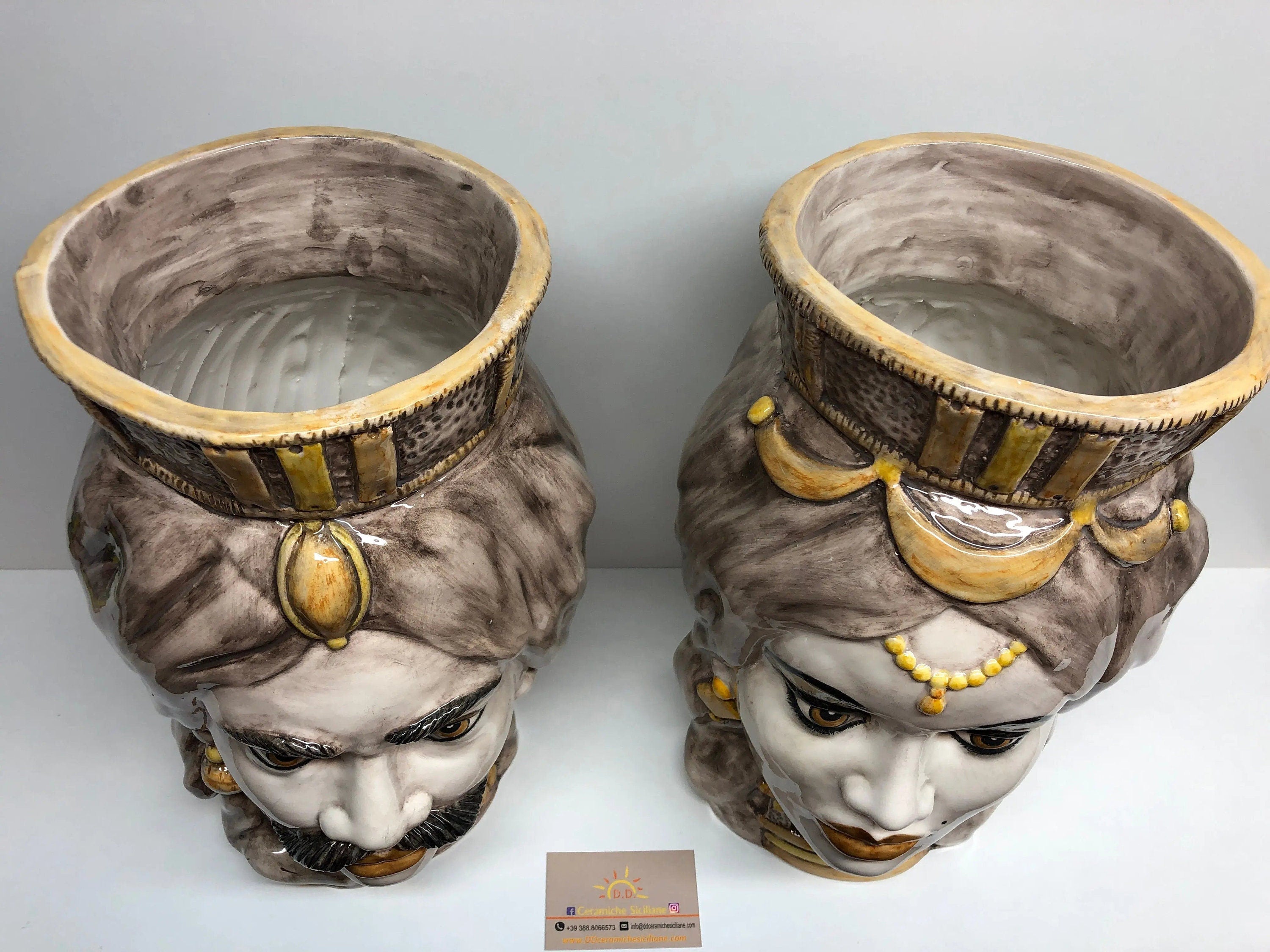 Teste di Moro Corona Retta Ceramica Caltagirone cm H.38 L.24 Artigianale dettagli Giallo DD CERAMICHE SICILIANE