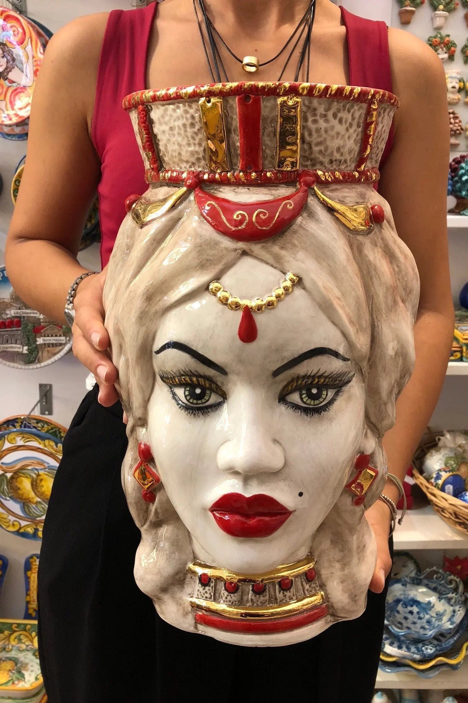 Teste di Moro Corona Retta Ceramica Caltagirone cm H.38 L.24 Artigianale dettagli Rosso Oro DD CERAMICHE SICILIANE