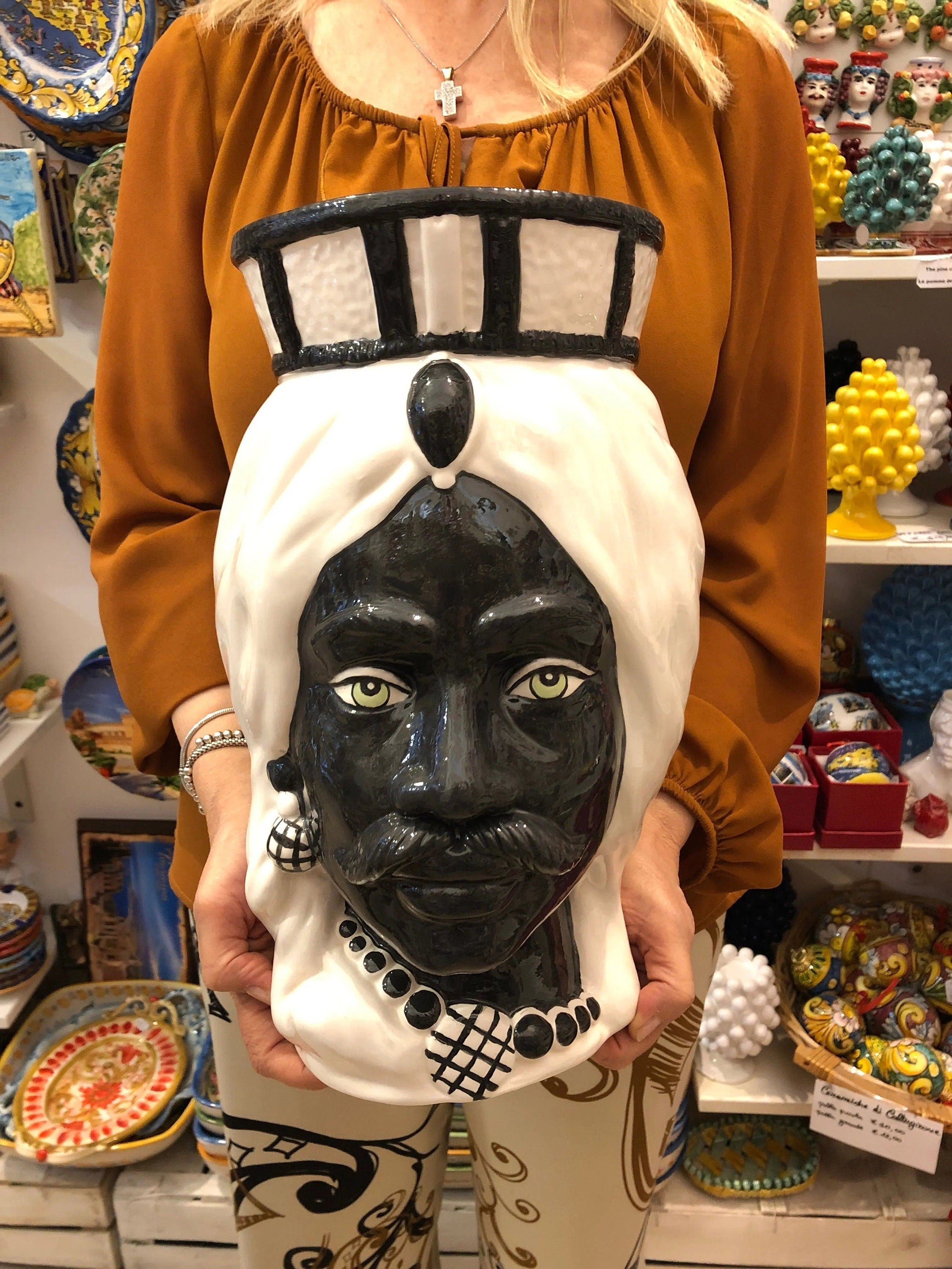 Teste di Moro Corona Retta Ceramica Caltagirone cm H.38 L.24 Artigianale Bianco Nero DD CERAMICHE SICILIANE