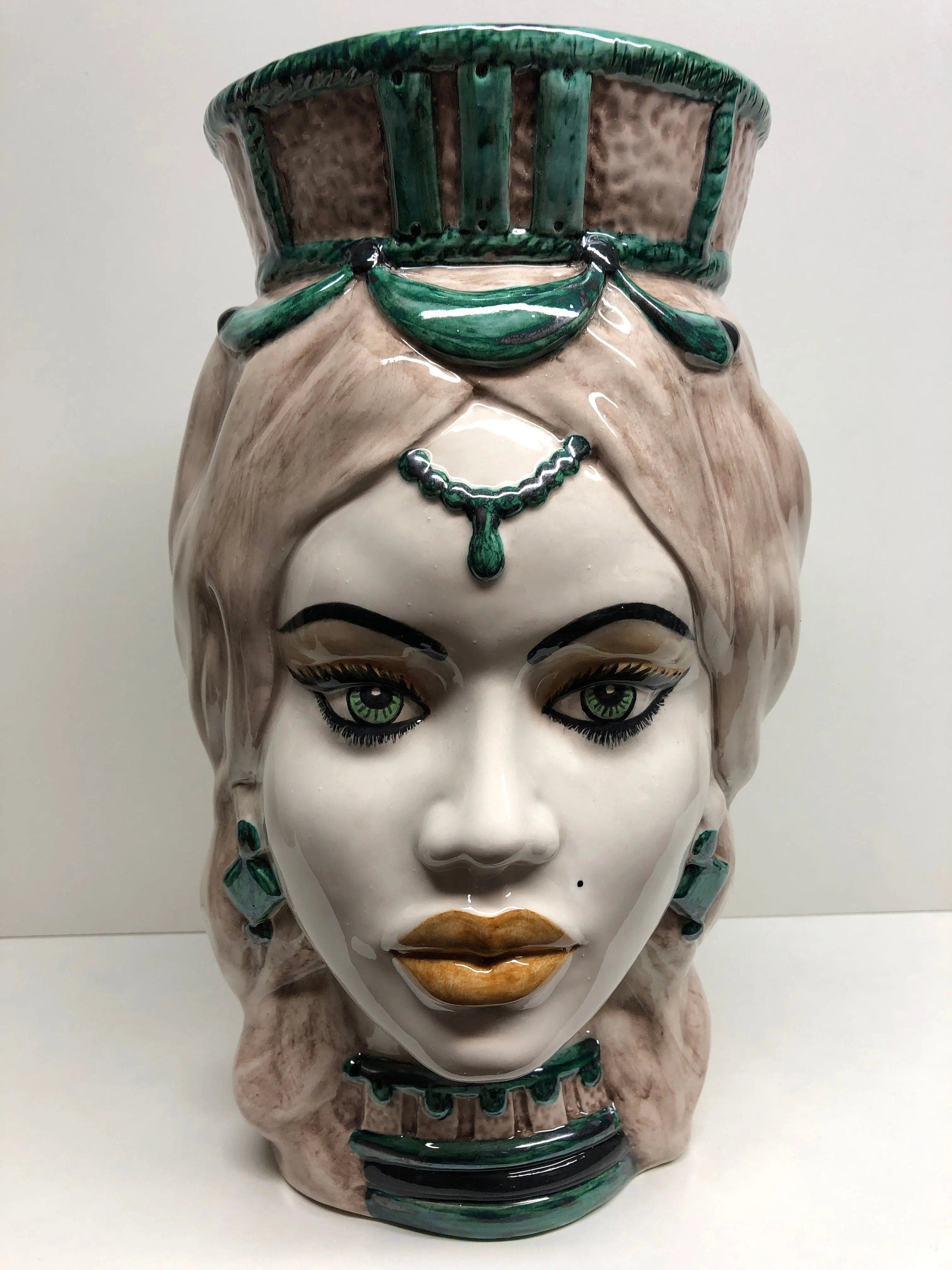 Teste di Moro Corona Retta Ceramica Caltagirone cm H.38 L.24 Artigianale dettagli Verde Acqua DD CERAMICHE SICILIANE