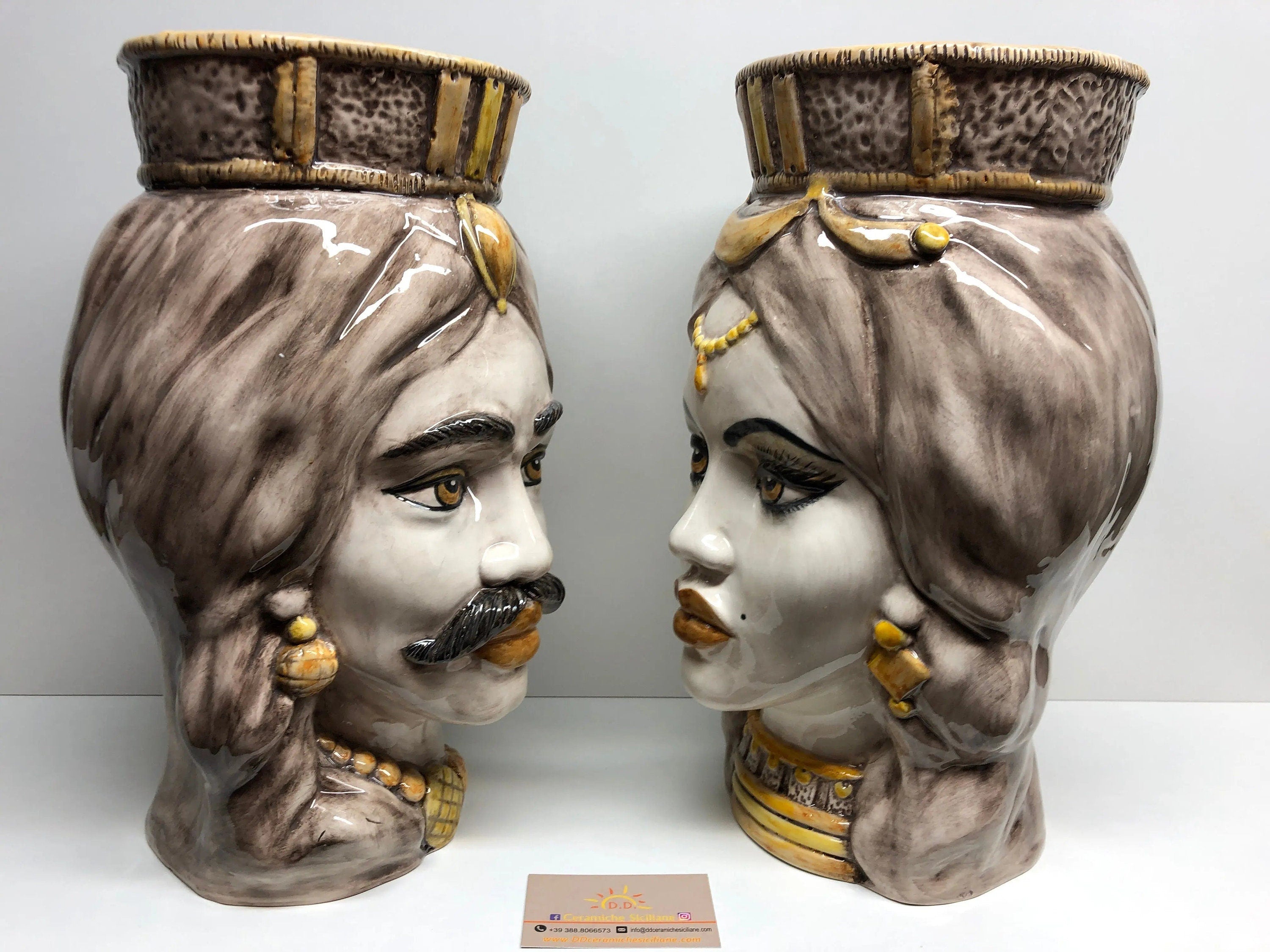 Teste di Moro Corona Retta Ceramica Caltagirone cm H.38 L.24 Artigianale dettagli Giallo DD CERAMICHE SICILIANE